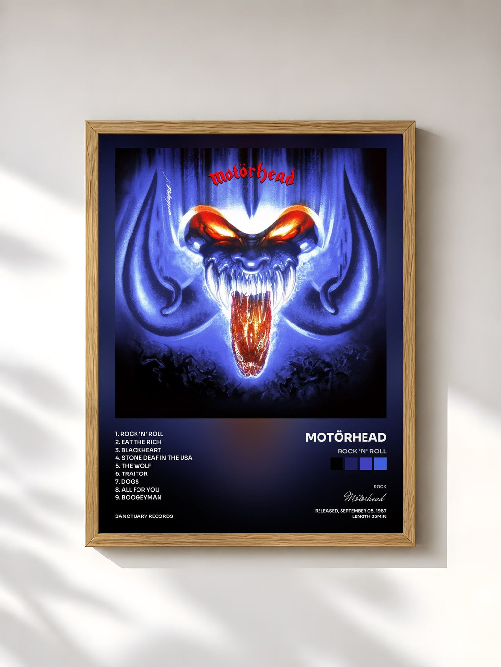 #bois Tableau de l'album Rock 'n' Roll de Motörhead, cadre en bois brut, imprimé et encadré en France