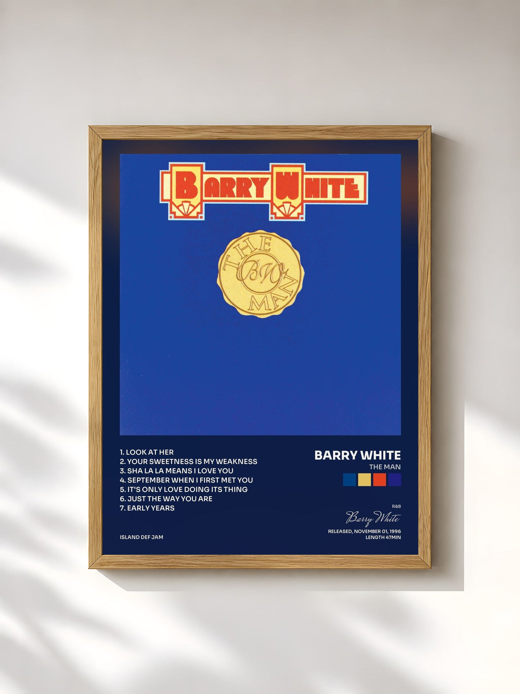 #bois Tableau de l'album The Man de Barry White, cadre en bois brut, imprimé et encadré en France