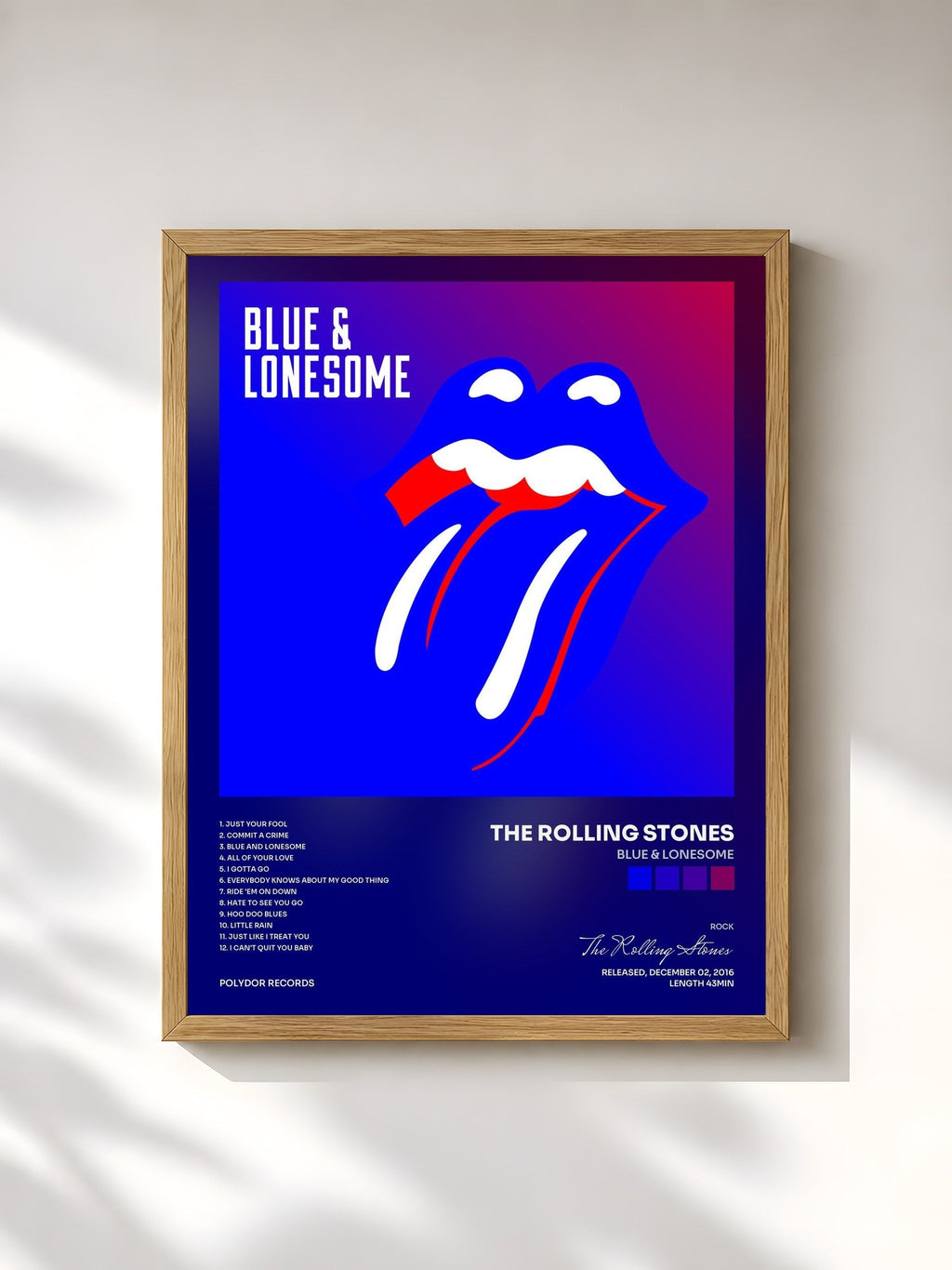 #bois Tableau de l'album Blue & Lonesome de The Rolling Stones, cadre en bois brut, imprimé et encadré en France