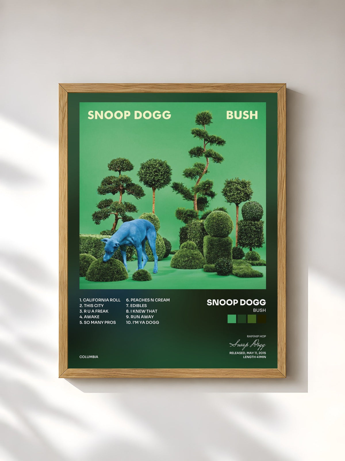 #bois Tableau de l'album BUSH de Snoop Dogg, cadre en bois brut, imprimé et encadré en France