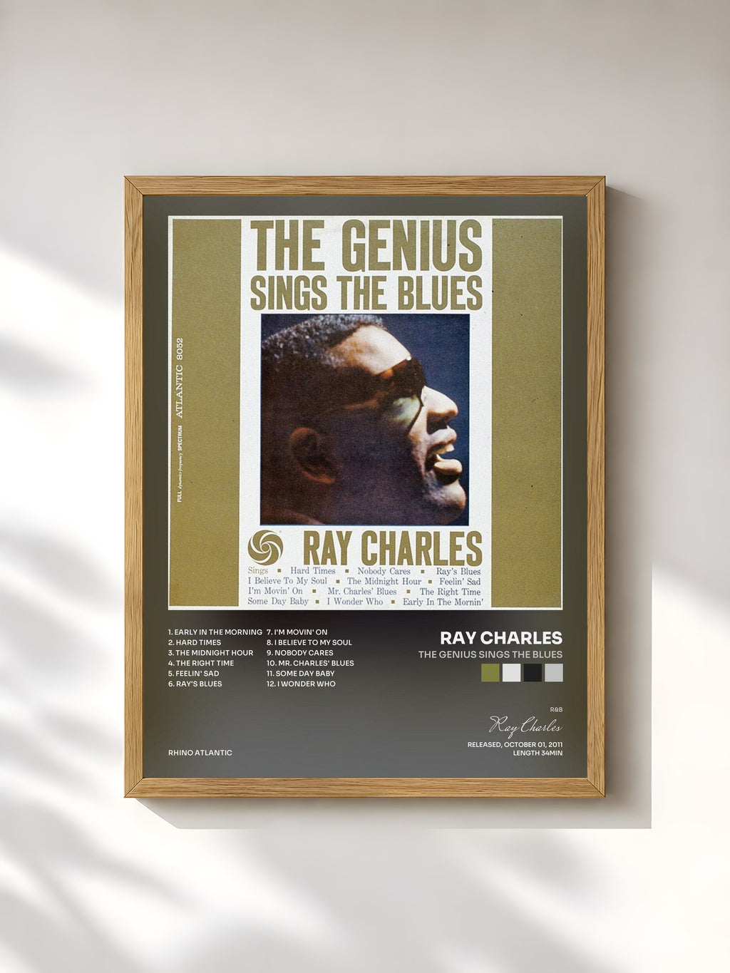 #bois Tableau de l'album The Genius Sings the Blues de Ray Charles, cadre en bois brut, imprimé et encadré en France