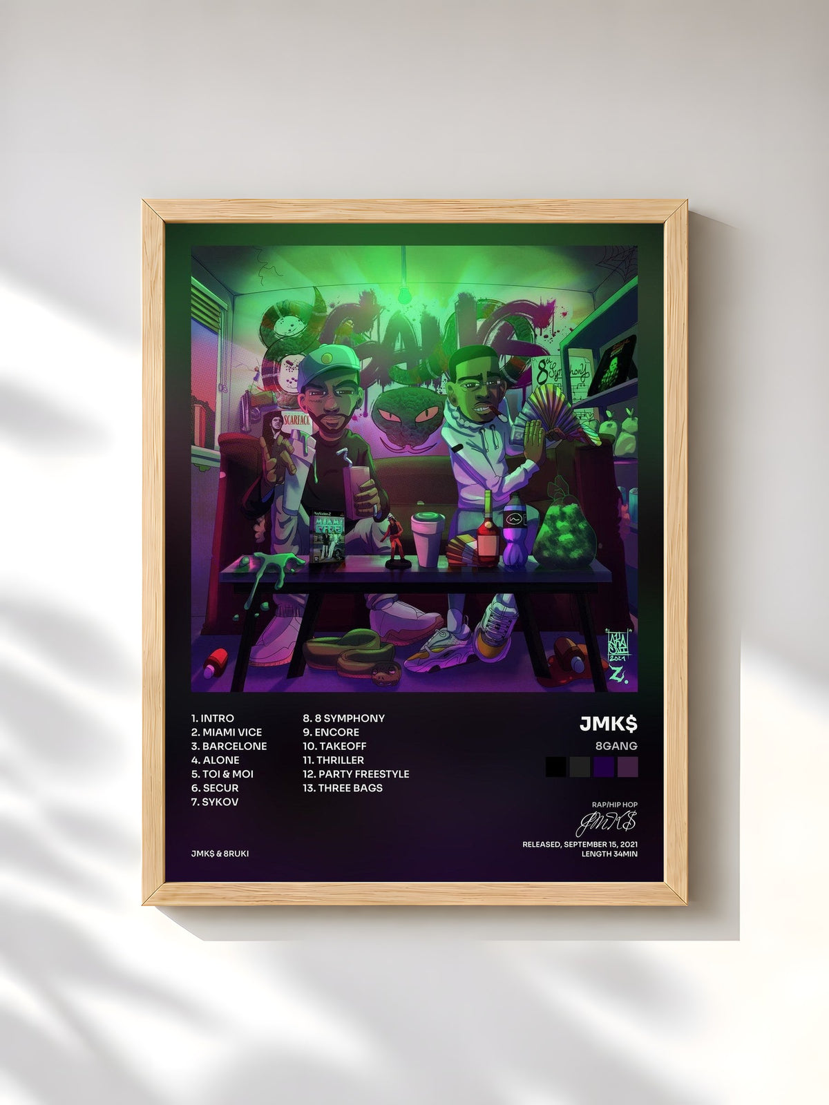 #bois Tableau de l'album 8GANG de JMK$, cadre en bois brut, imprimé et encadré en France