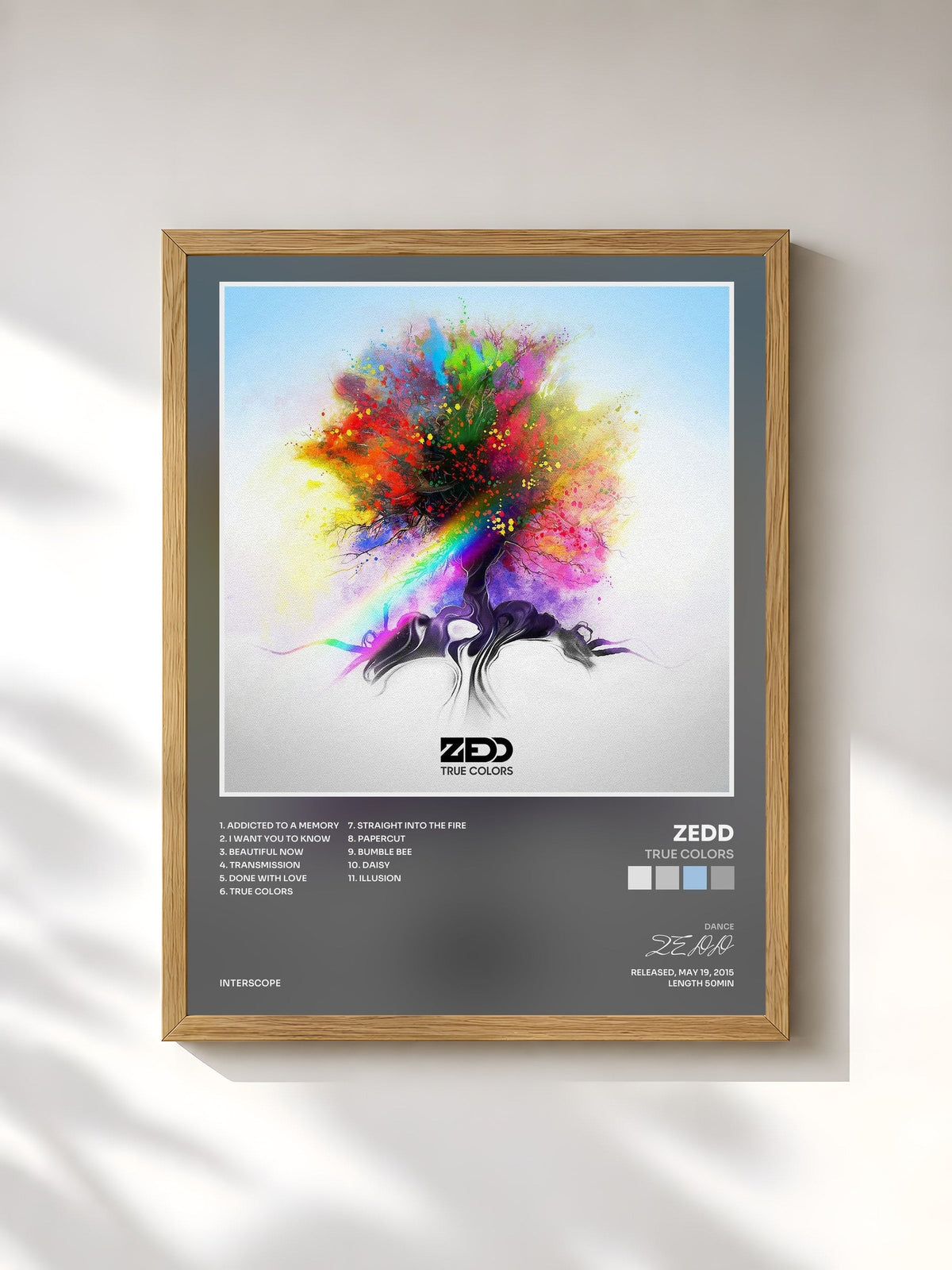 #bois Tableau de l'album True Colors de ZEDD, cadre en bois brut, imprimé et encadré en France