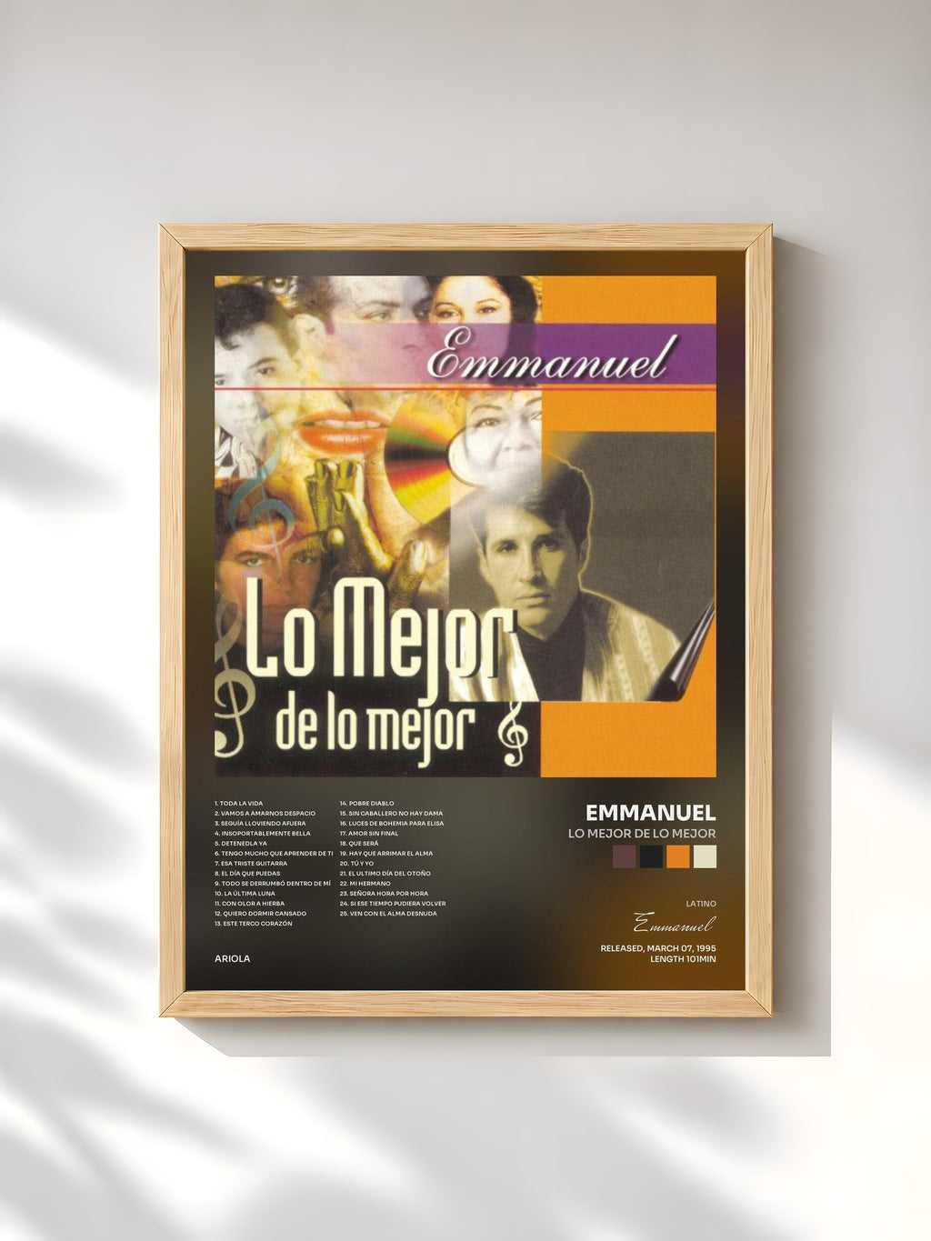#bois Tableau de l'album Lo Mejor De Lo Mejor de Emmanuel, cadre en bois brut, imprimé et encadré en France