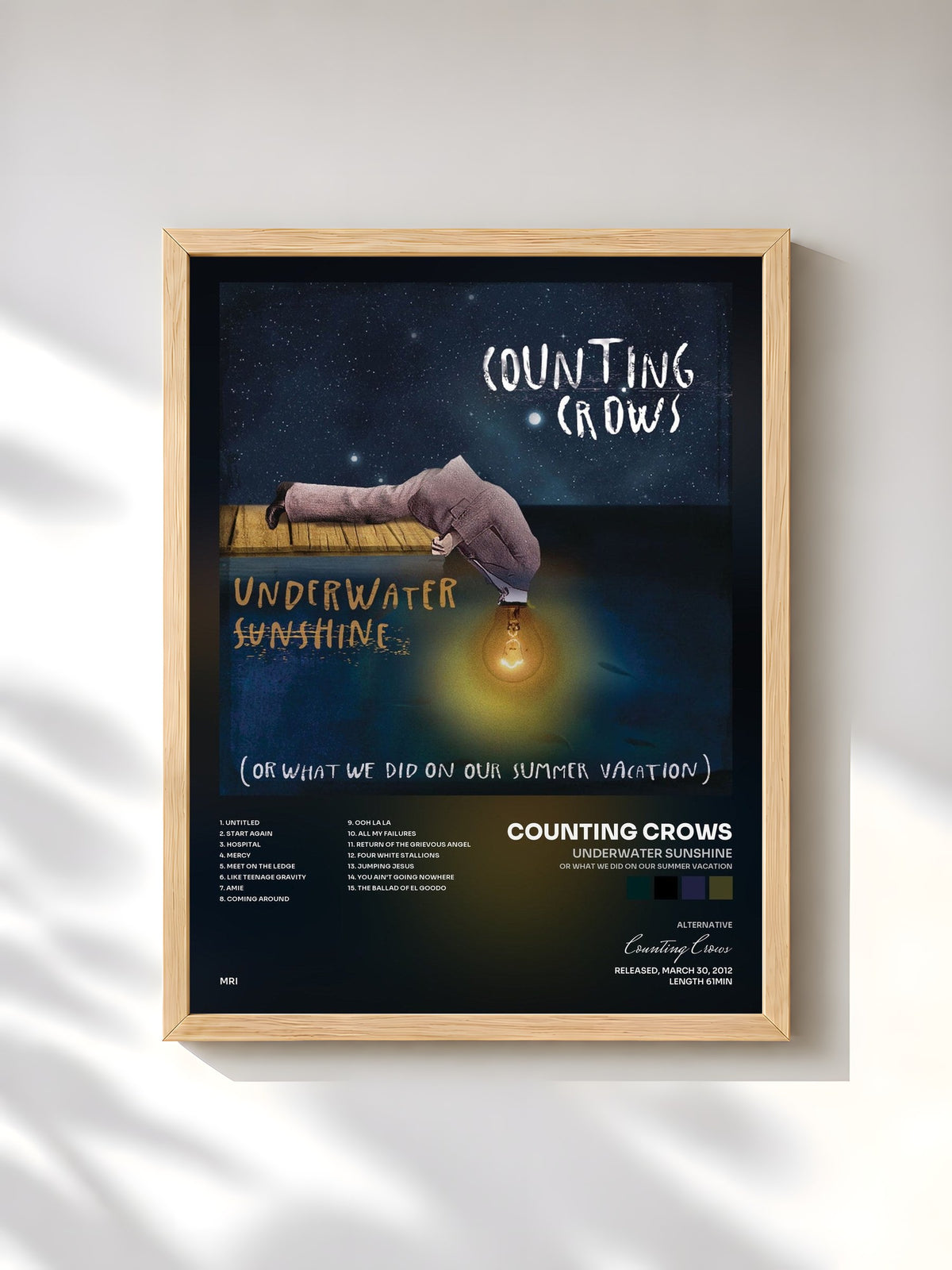 #bois Tableau de l'album Underwater Sunshine (Or What We Did on Our Summer Vacation) de Counting Crows, cadre en bois brut, imprimé et encadré en France