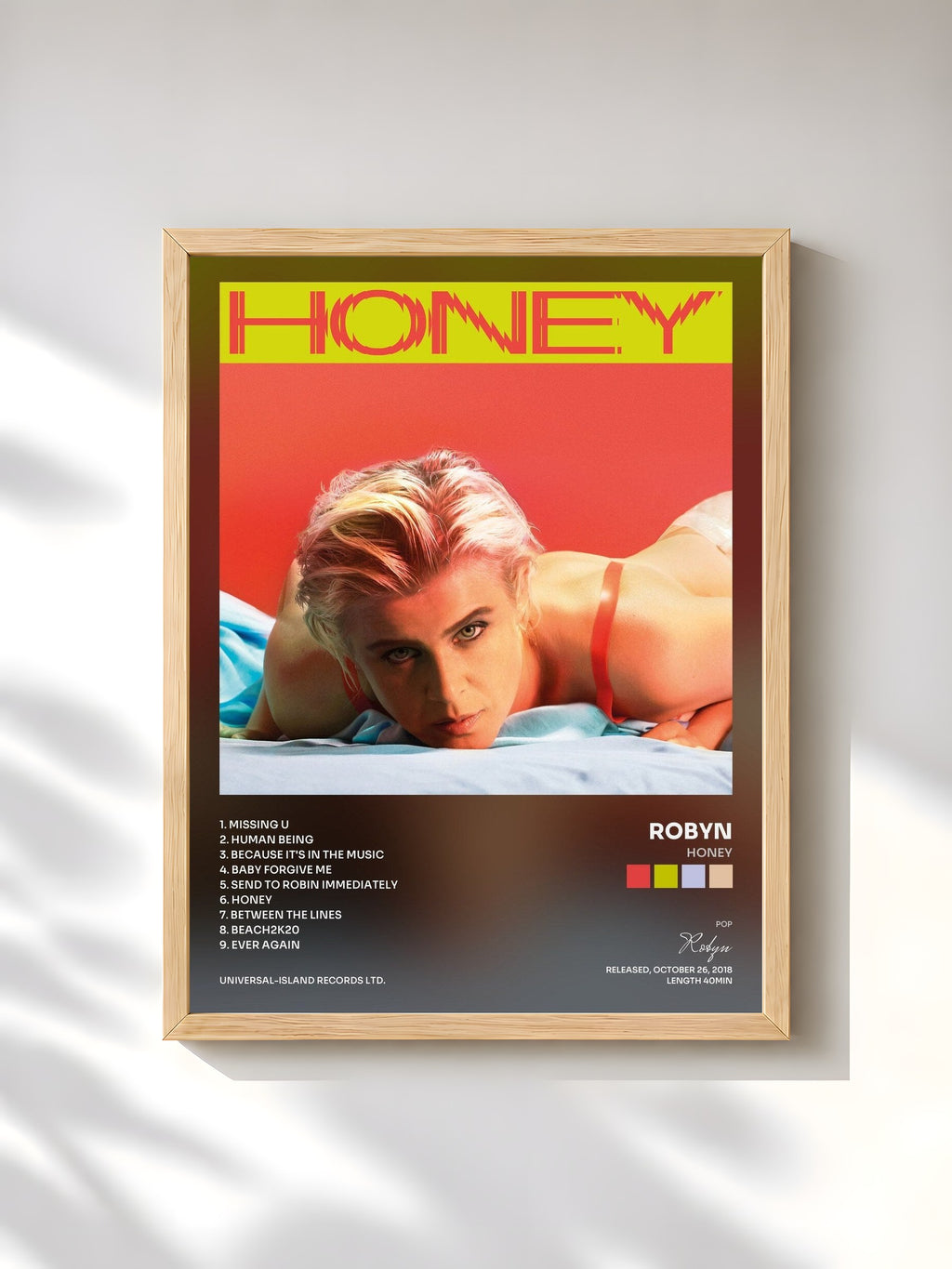 #bois Tableau de l'album Honey de Robyn, cadre en bois brut, imprimé et encadré en France