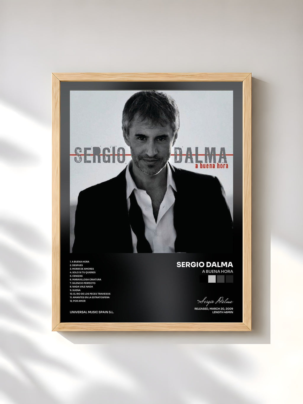 #bois Tableau de l'album A Buena Hora de Sergio Dalma, cadre en bois brut, imprimé et encadré en France