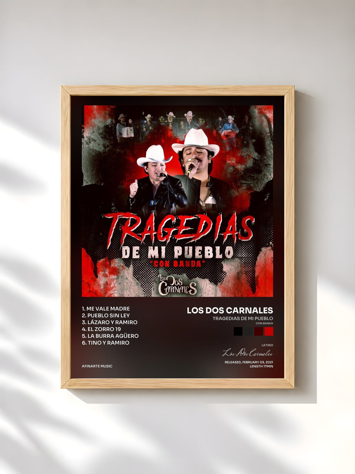 #bois Tableau de l'album Tragedias de Mi Pueblo (Con Banda) de Los Dos Carnales, cadre en bois brut, imprimé et encadré en France