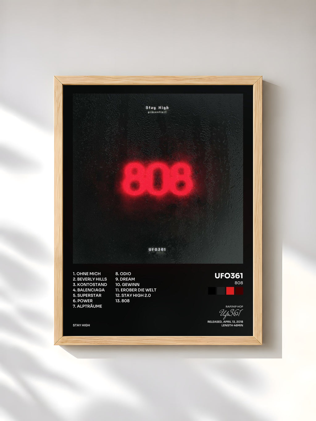 #bois Tableau de l'album 808 de Ufo361, cadre en bois brut, imprimé et encadré en France