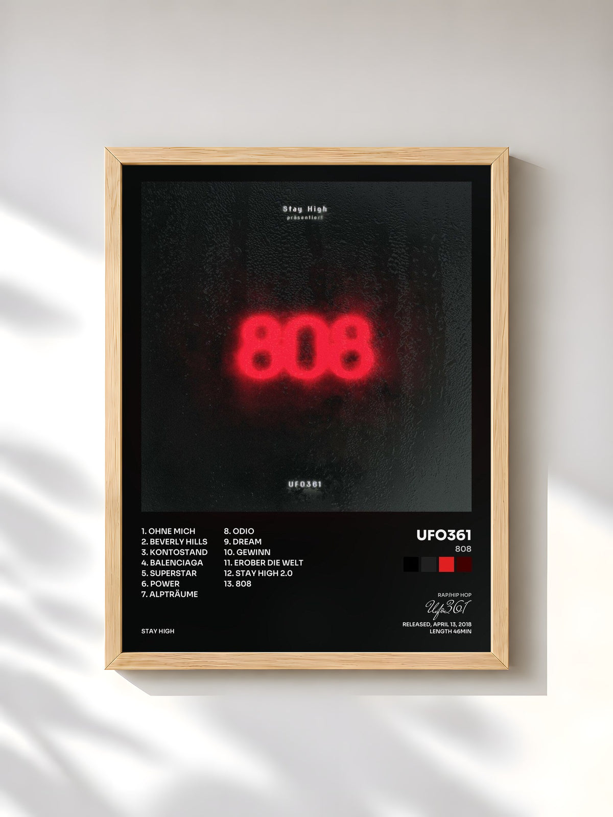 #bois Tableau de l'album 808 de Ufo361, cadre en bois brut, imprimé et encadré en France