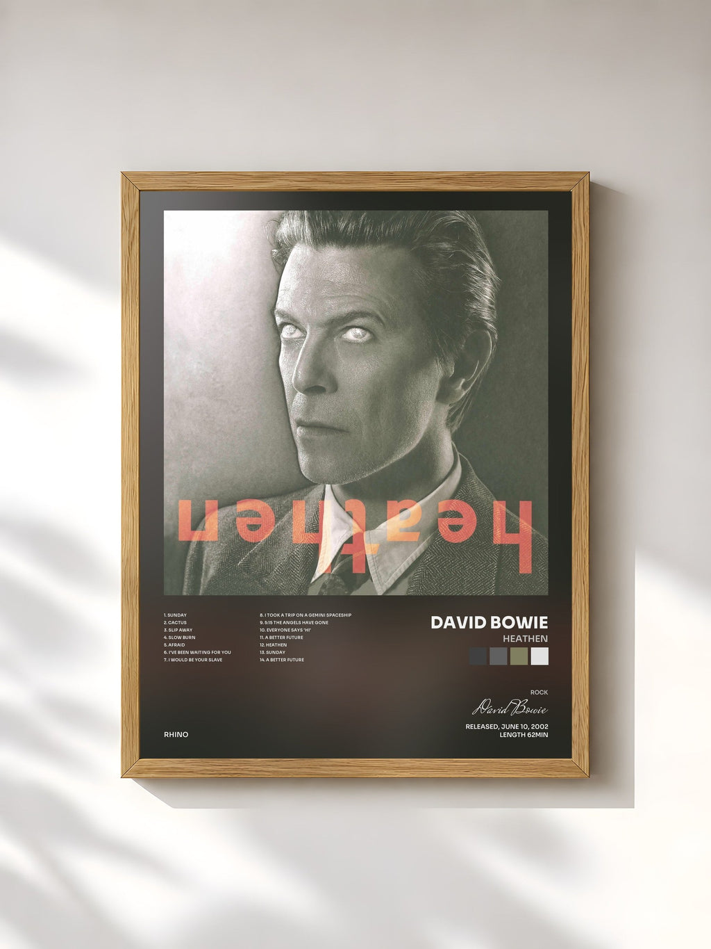 #bois Tableau de l'album Heathen de David Bowie, cadre en bois brut, imprimé et encadré en France