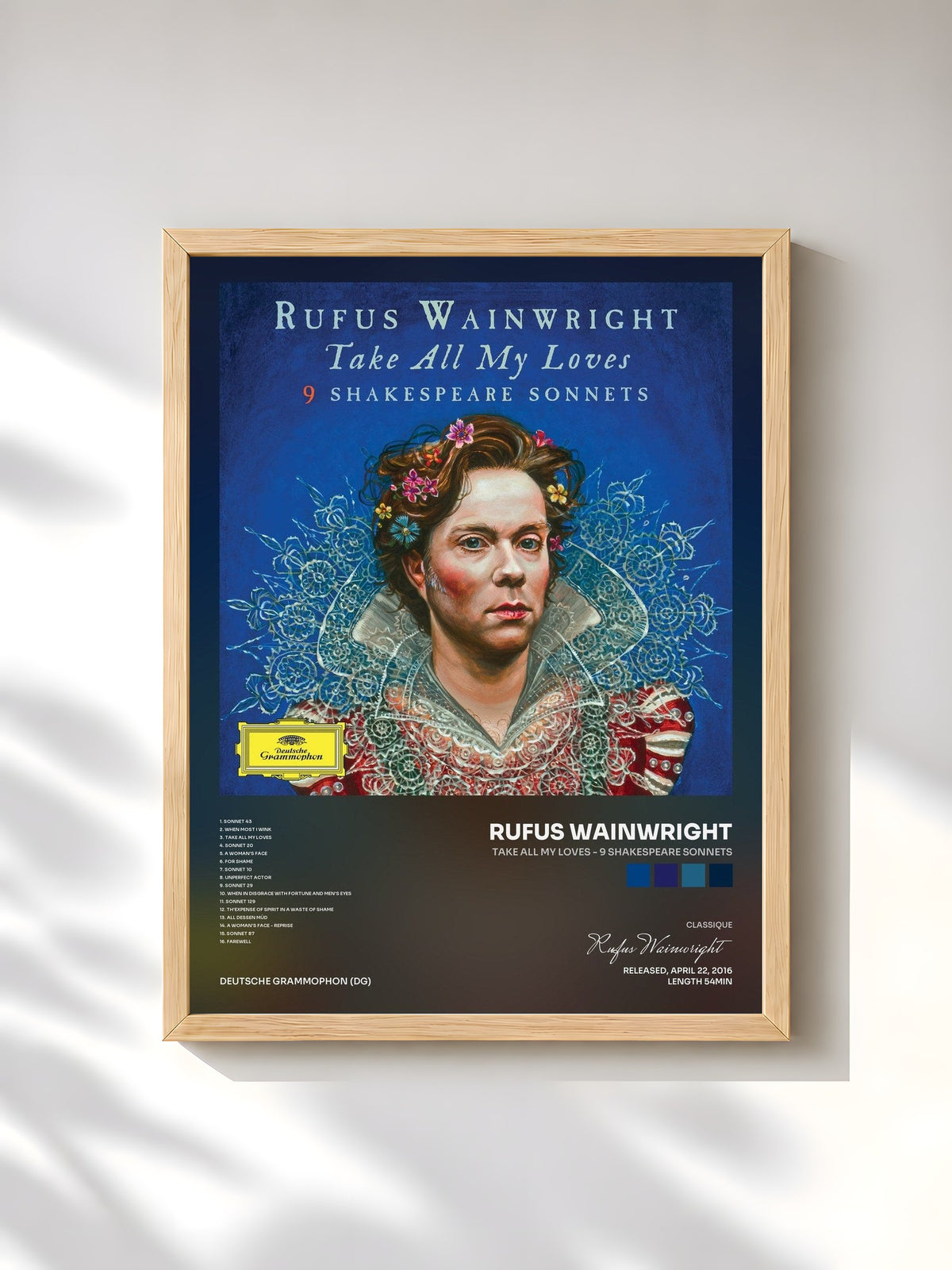 #bois Tableau de l'album Take All My Loves - 9 Shakespeare Sonnets de Rufus Wainwright, cadre en bois brut, imprimé et encadré en France