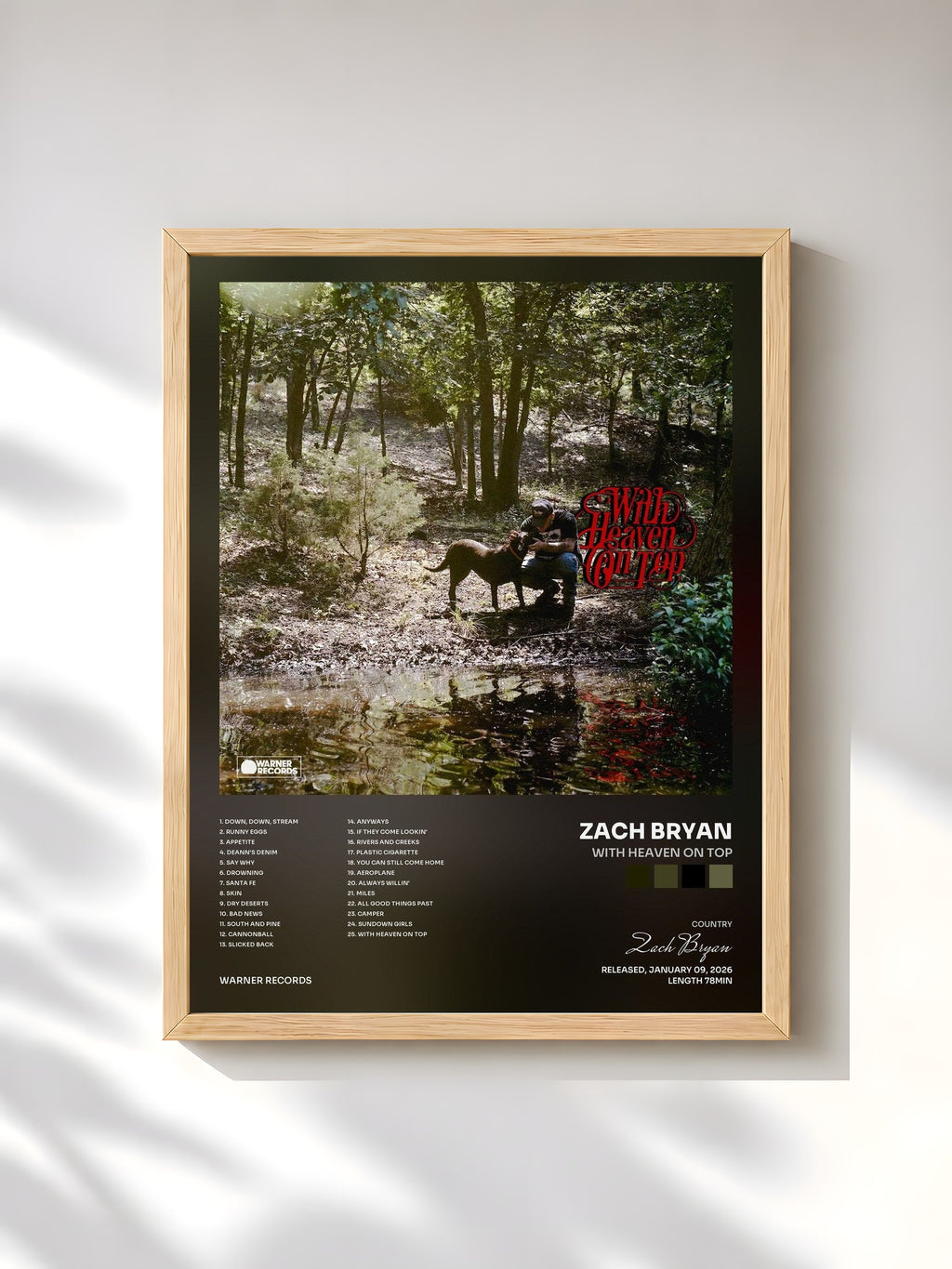 #bois Tableau de l'album With Heaven On Top de Zach Bryan, cadre en bois brut, imprimé et encadré en France