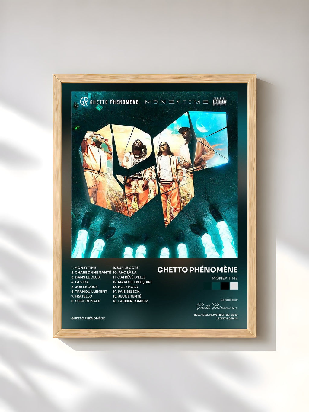 #bois Tableau de l'album Money Time de Ghetto Phénomène, cadre en bois brut, imprimé et encadré en France