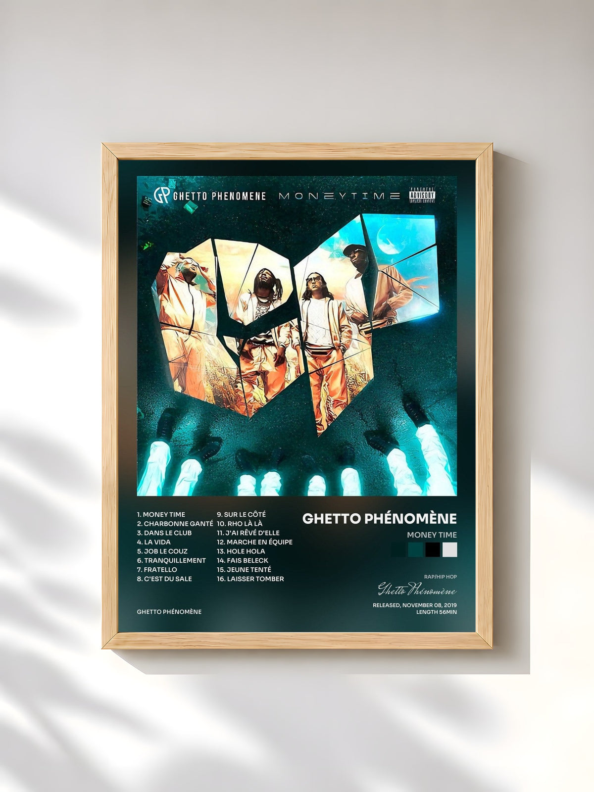 #bois Tableau de l'album Money Time de Ghetto Phénomène, cadre en bois brut, imprimé et encadré en France