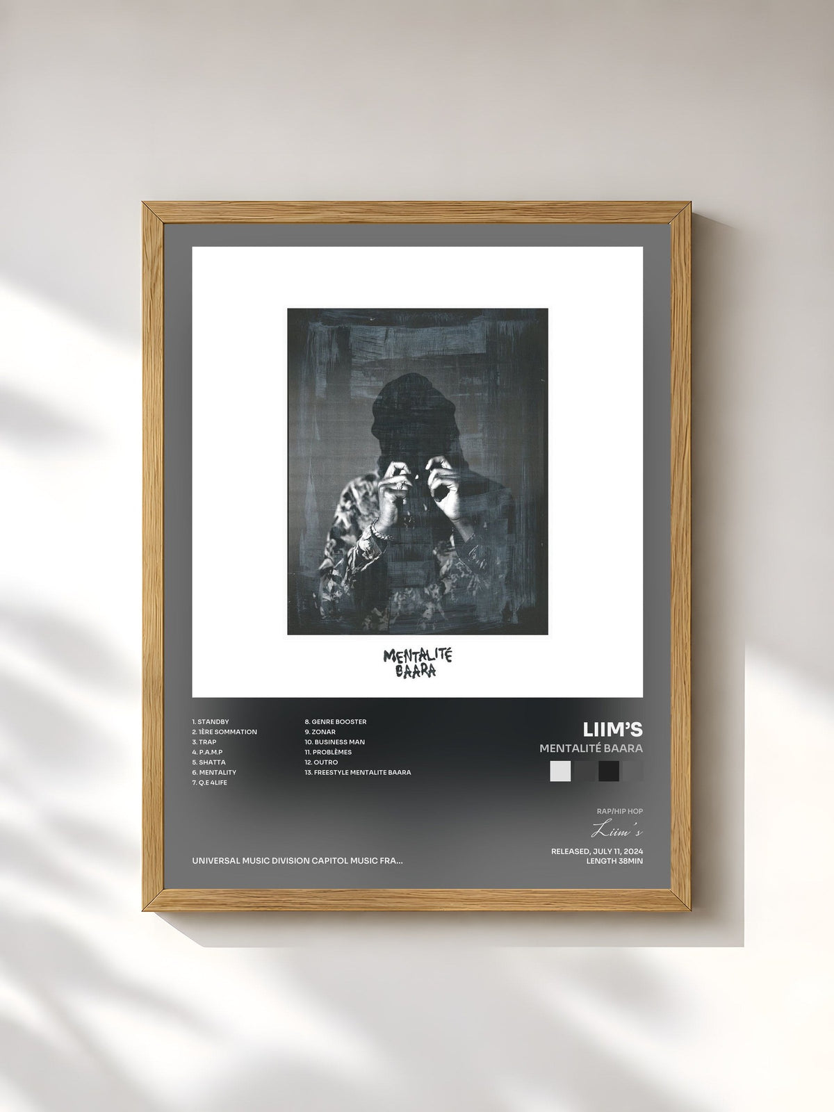 #bois Tableau de l'album Mentalité Baara de Liim’s, cadre en bois brut, imprimé et encadré en France