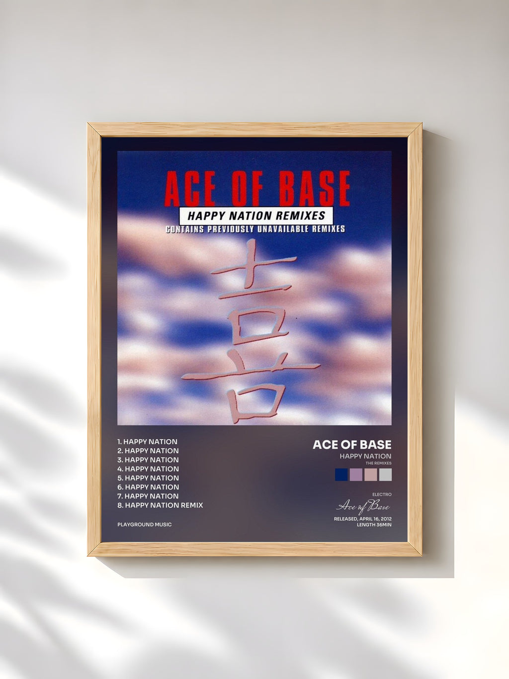 #bois Tableau de l'album Happy Nation (The Remixes) de Ace of Base, cadre en bois brut, imprimé et encadré en France