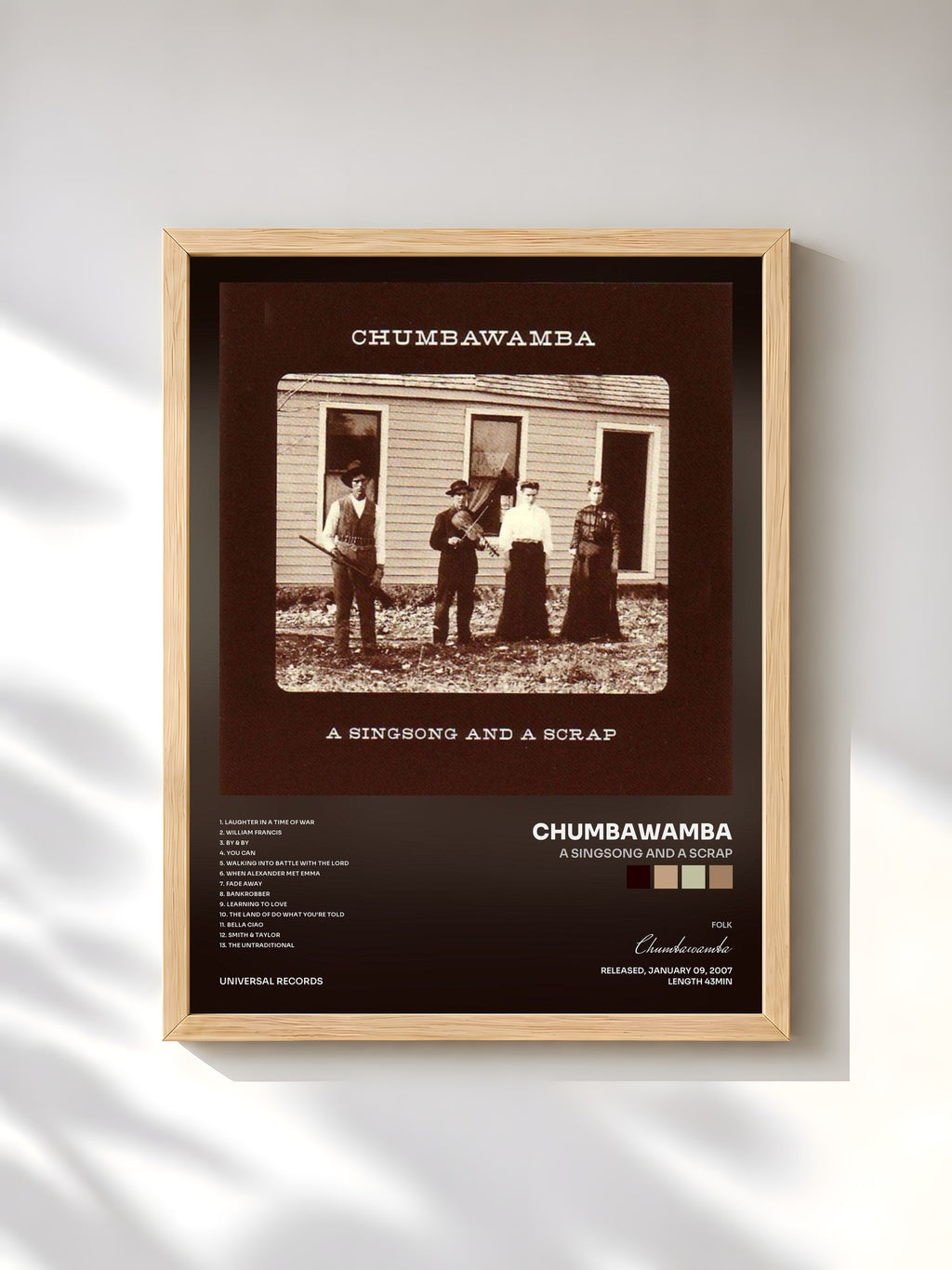 #bois Tableau de l'album A Singsong And A Scrap de Chumbawamba, cadre en bois brut, imprimé et encadré en France