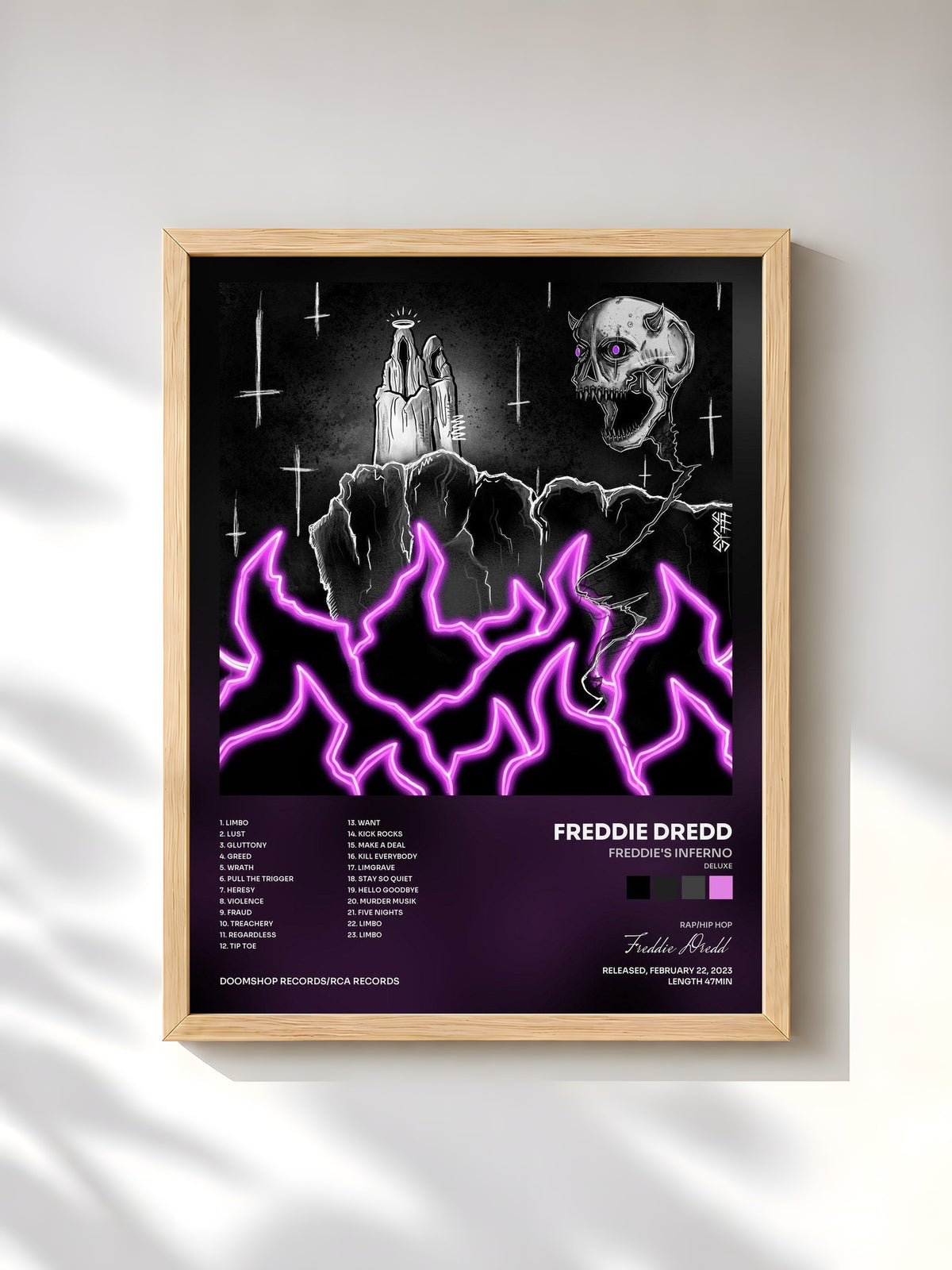 #bois Tableau de l'album Freddie's Inferno (Deluxe) de Freddie Dredd, cadre en bois brut, imprimé et encadré en France