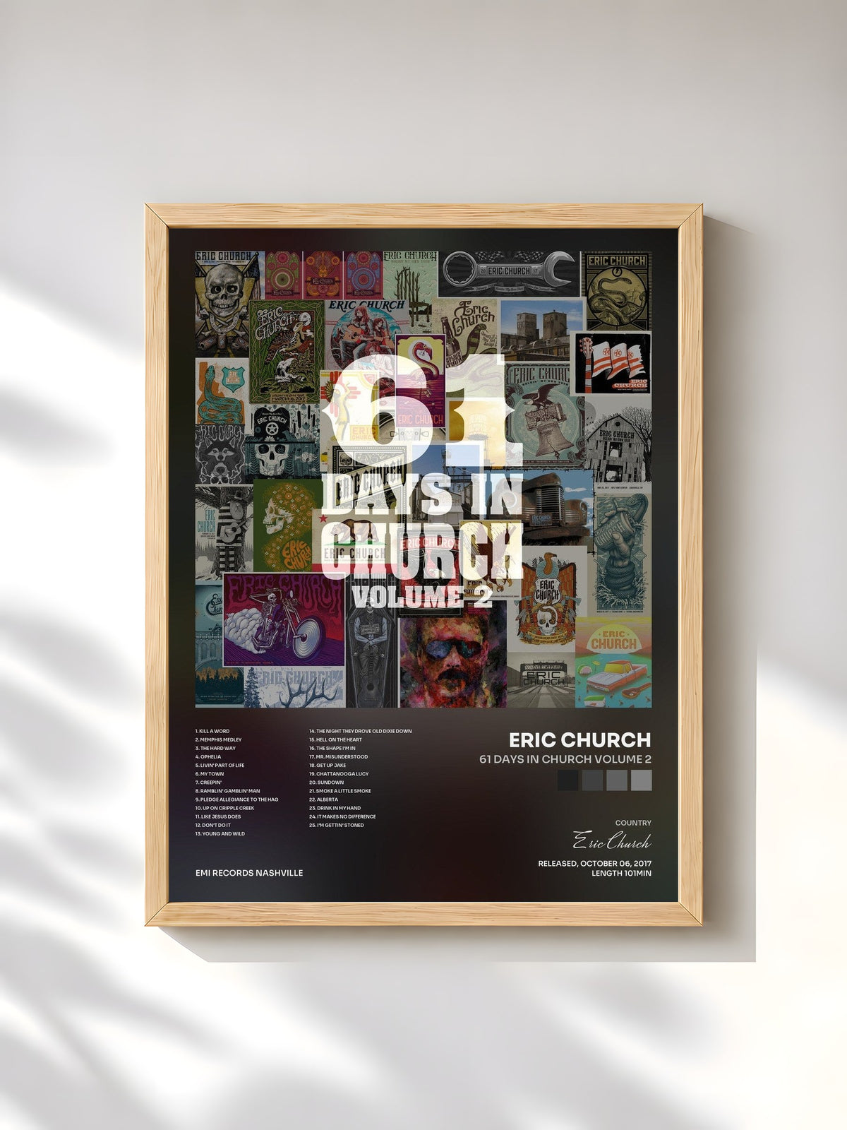 #bois Tableau de l'album 61 Days In Church Volume 2 de Eric Church, cadre en bois brut, imprimé et encadré en France