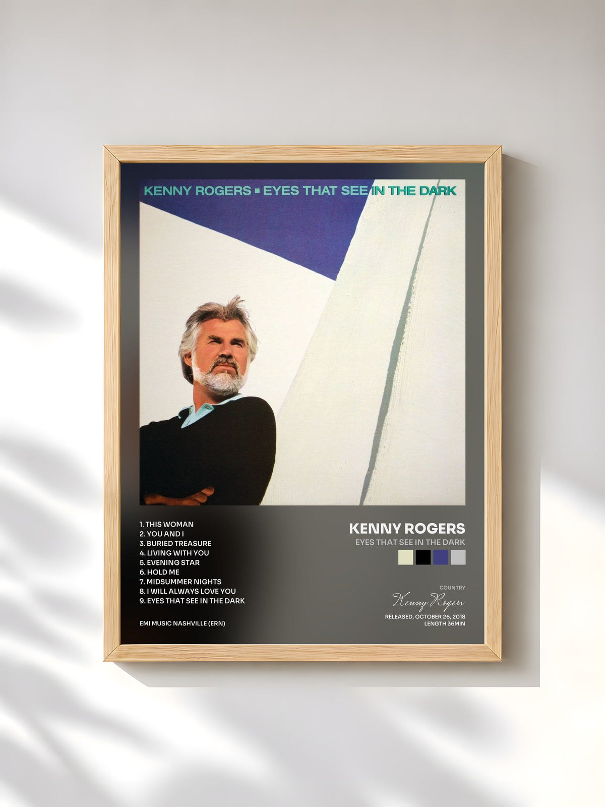#bois Tableau de l'album Eyes That See In The Dark de Kenny Rogers, cadre en bois brut, imprimé et encadré en France
