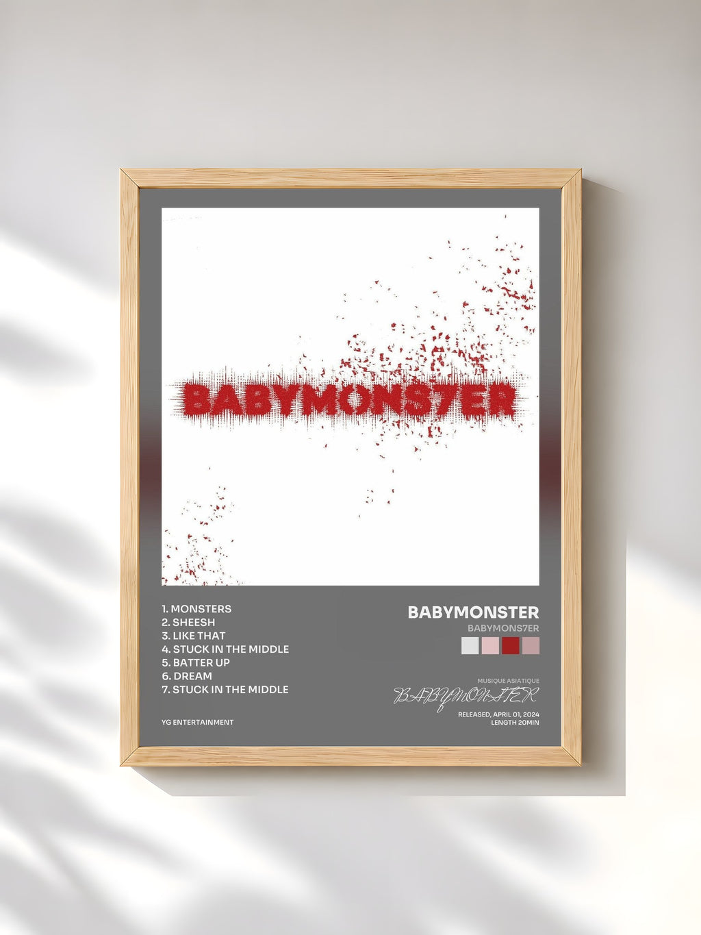 #bois Tableau de l'album BABYMONS7ER de BABYMONSTER, cadre en bois brut, imprimé et encadré en France
