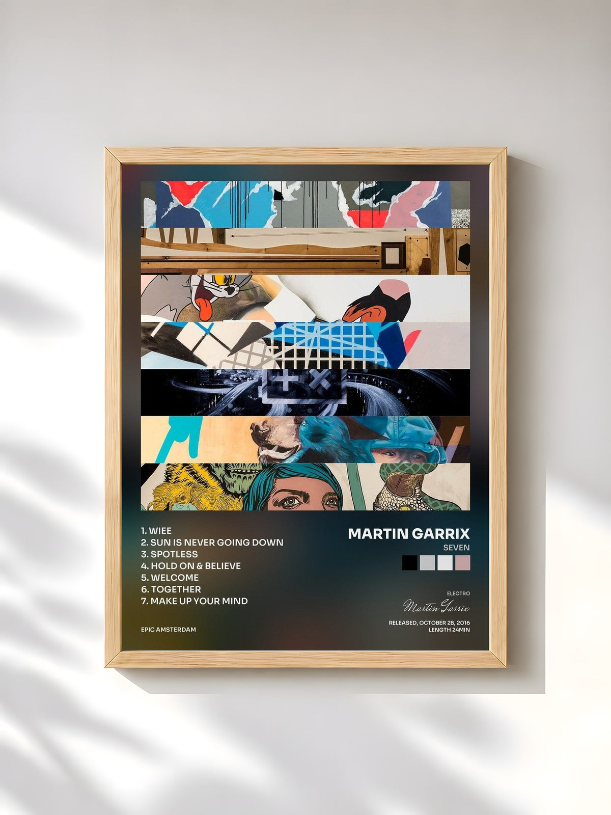 #bois Tableau de l'album Seven de Martin Garrix, cadre en bois brut, imprimé et encadré en France