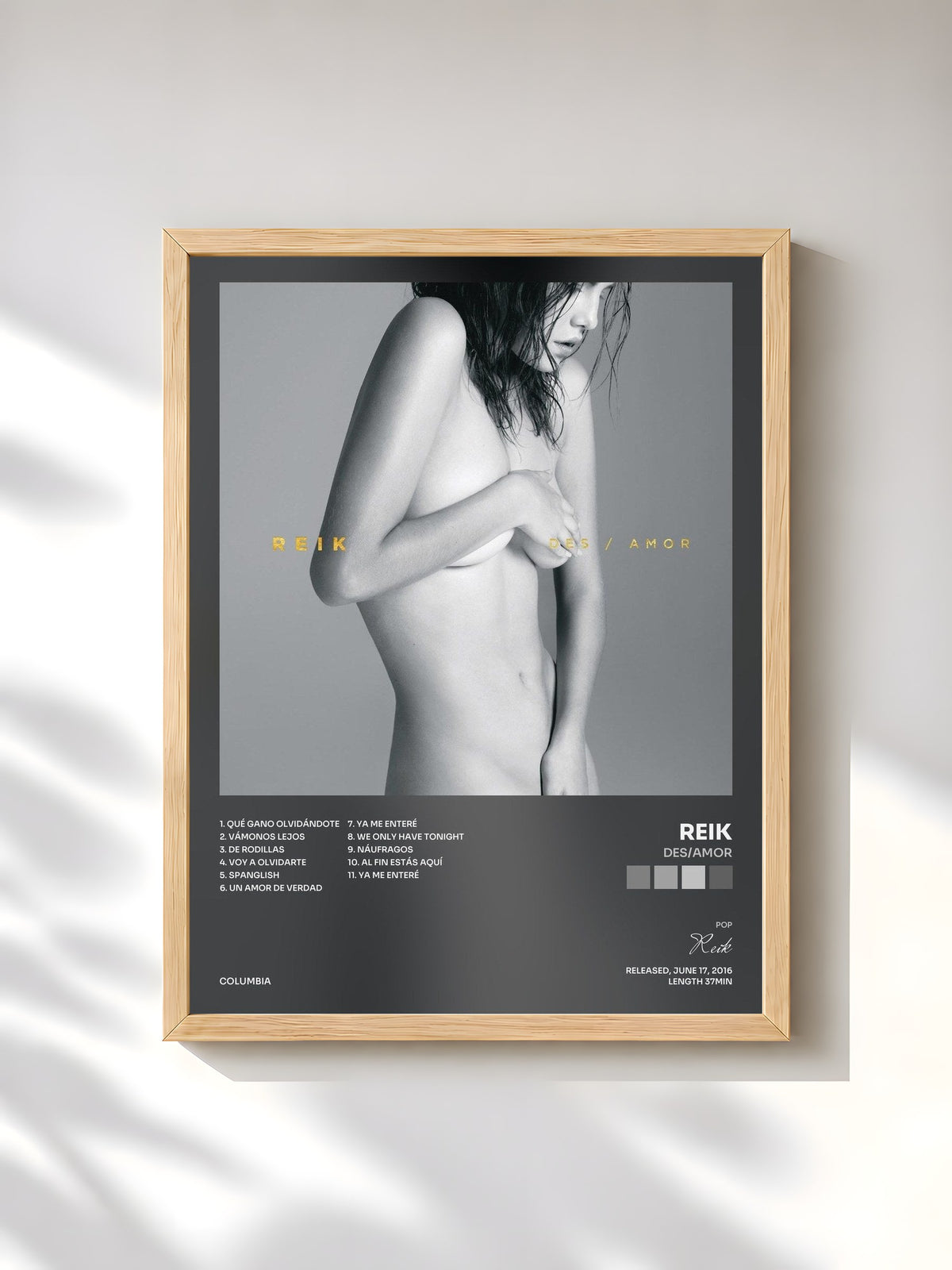 #bois Tableau de l'album Des/Amor de Reik, cadre en bois brut, imprimé et encadré en France