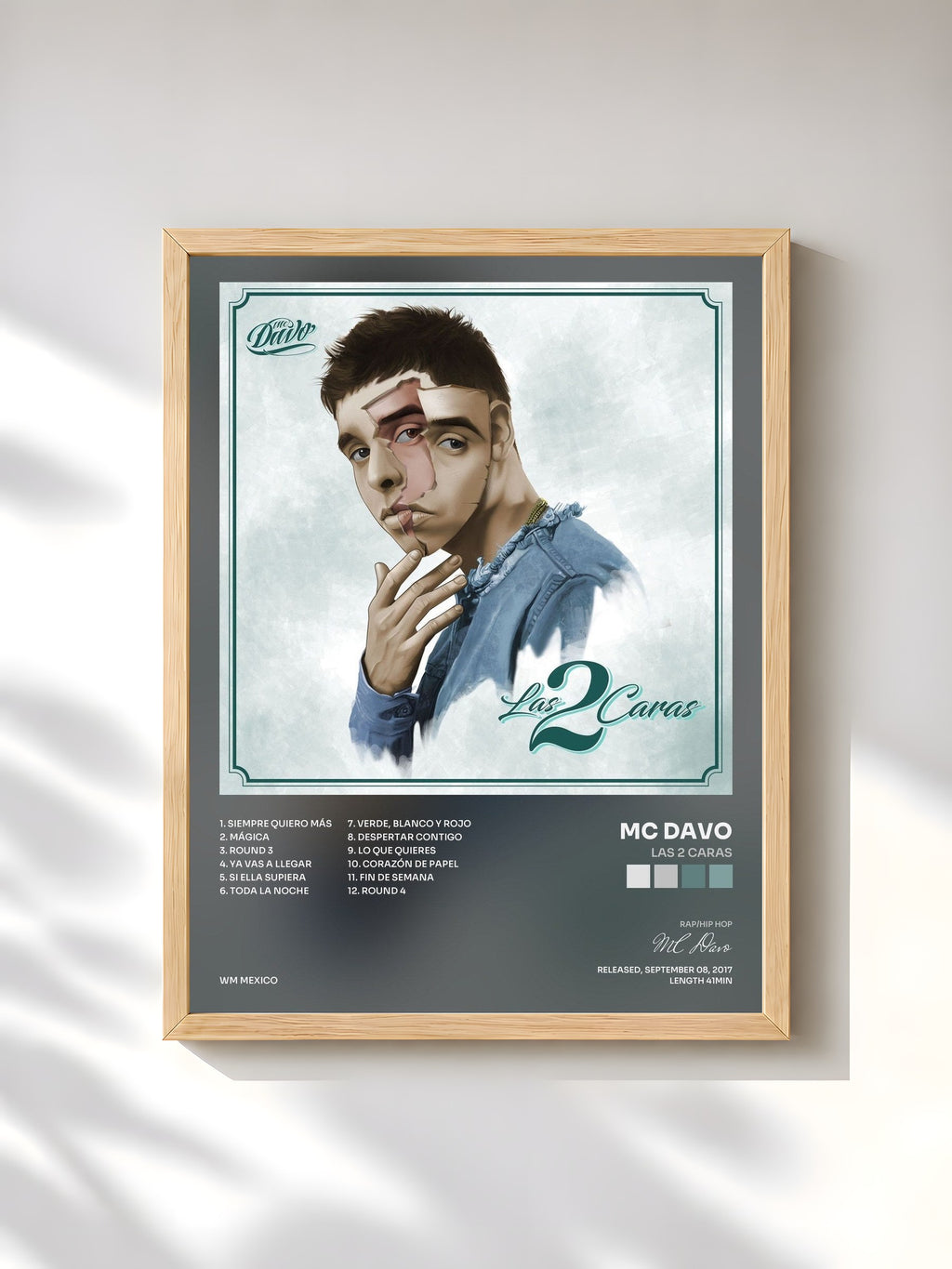 #bois Tableau de l'album Las 2 Caras de MC Davo, cadre en bois brut, imprimé et encadré en France