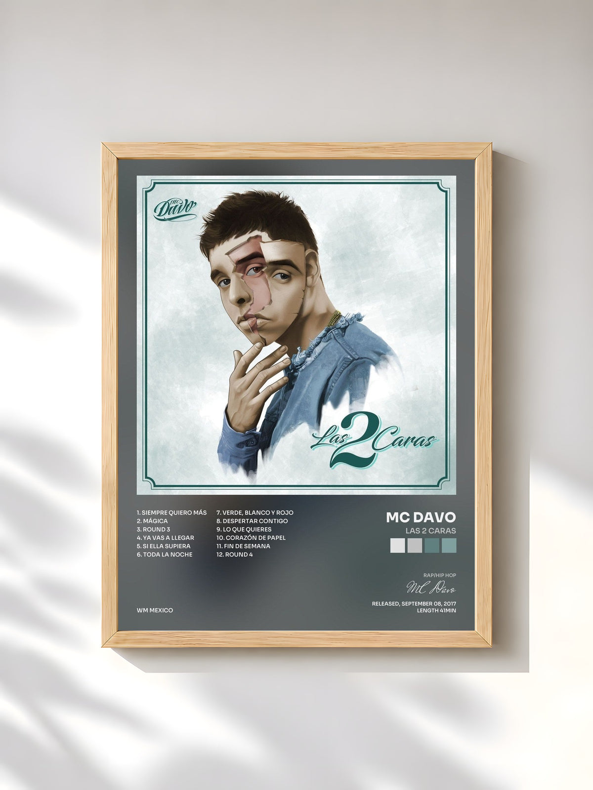 #bois Tableau de l'album Las 2 Caras de MC Davo, cadre en bois brut, imprimé et encadré en France