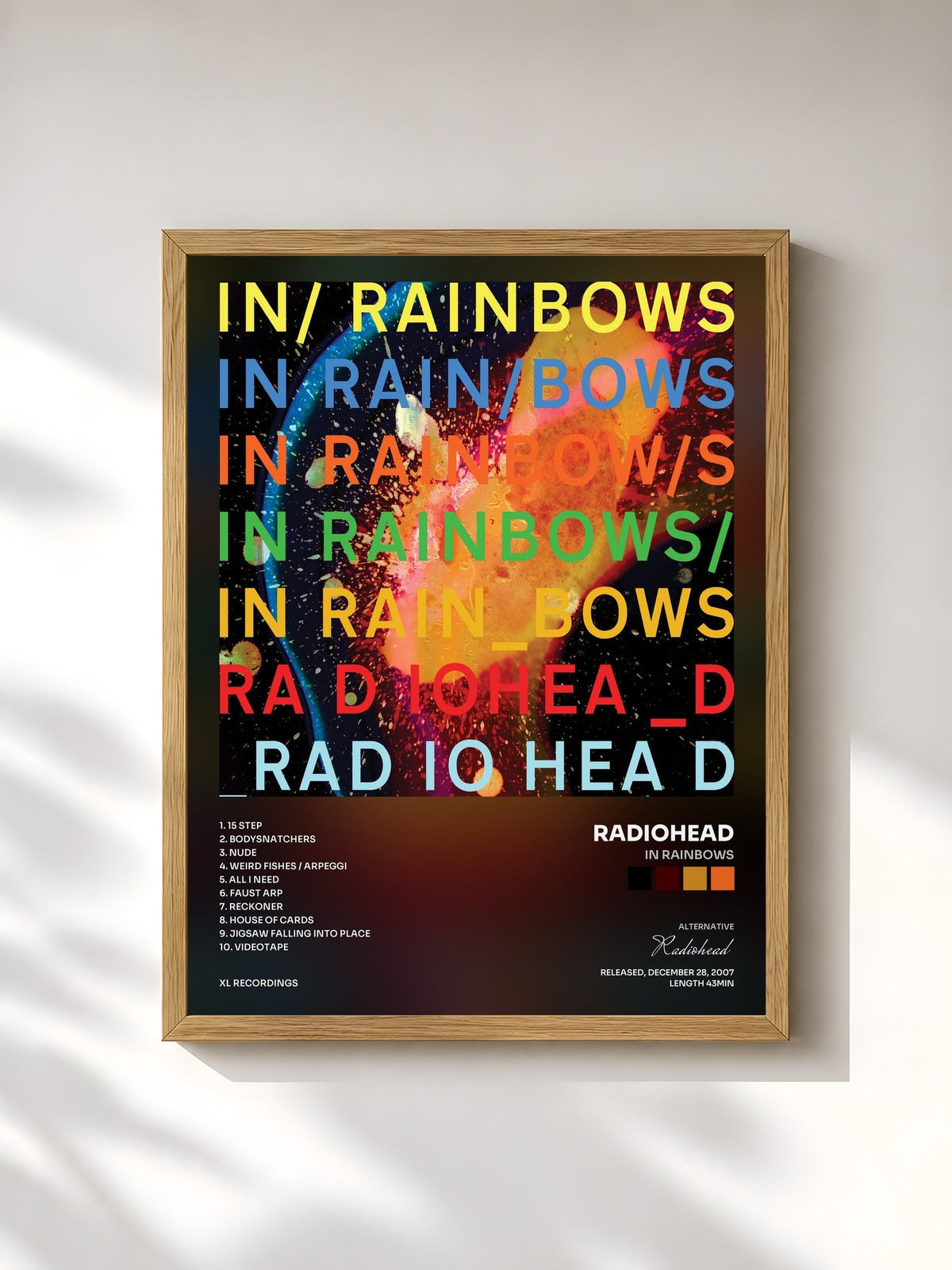 #bois Tableau de l'album In Rainbows de Radiohead, cadre en bois brut, imprimé et encadré en France
