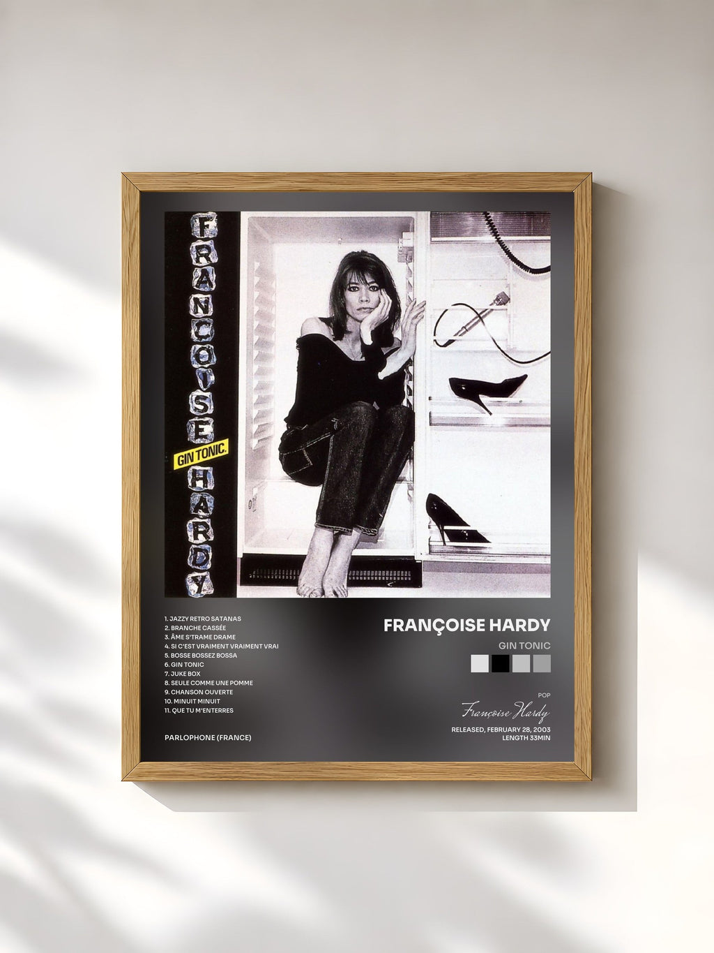 #bois Tableau de l'album Gin Tonic de Françoise Hardy, cadre en bois brut, imprimé et encadré en France