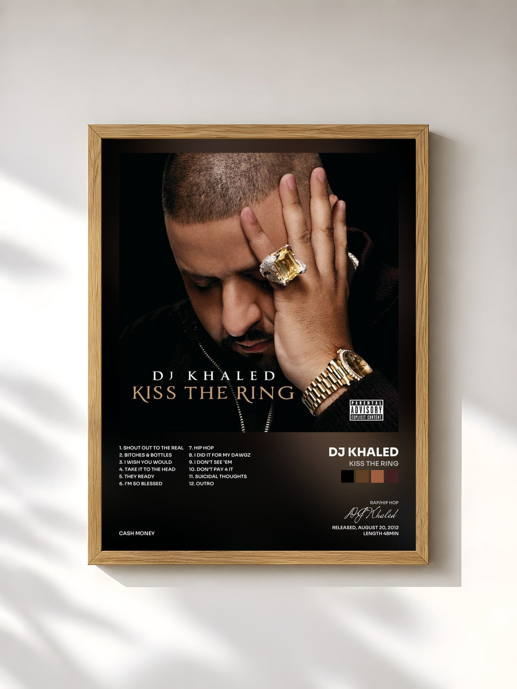#bois Tableau de l'album Kiss The Ring de DJ Khaled, cadre en bois brut, imprimé et encadré en France