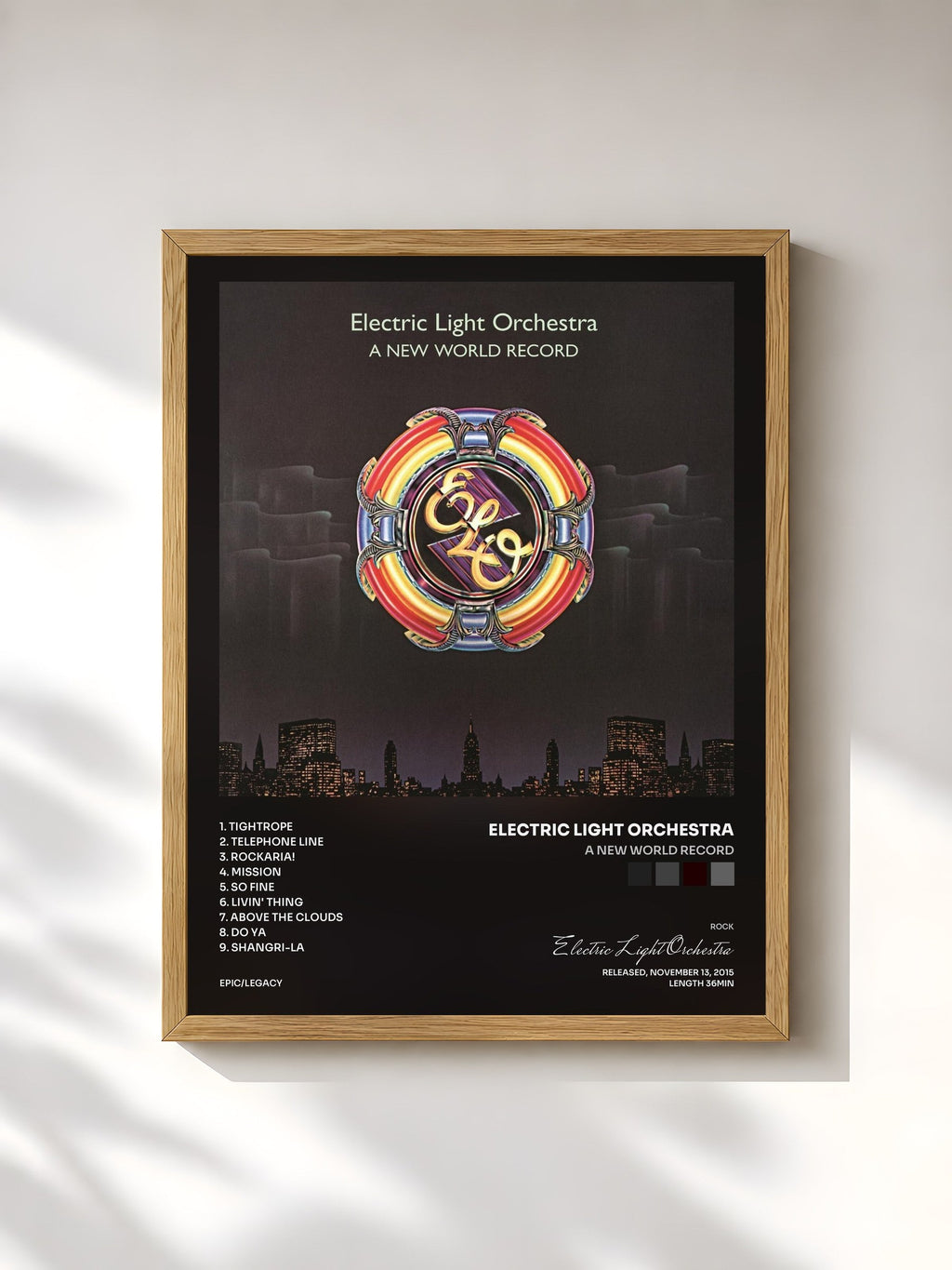 #bois Tableau de l'album A New World Record de Electric Light Orchestra, cadre en bois brut, imprimé et encadré en France