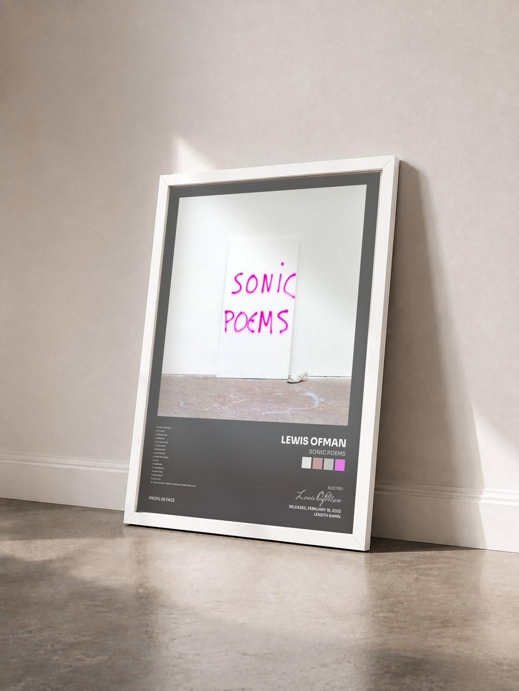 #blanc Tableau de l'album Sonic Poems de Lewis OfMan vu de trois quarts, cadre blanc