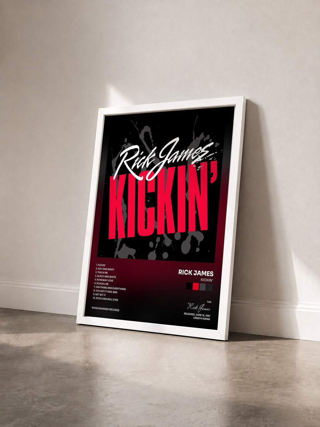 #blanc Tableau de l'album Kickin' de Rick James vu de trois quarts, cadre blanc