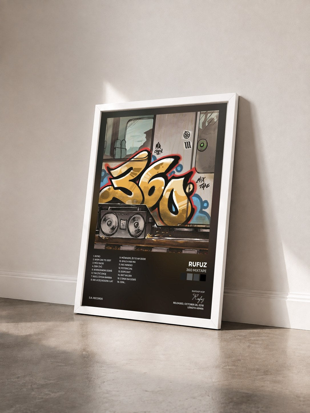 #blanc Tableau de l'album 360 Mixtape de Rufuz vu de trois quarts, cadre blanc