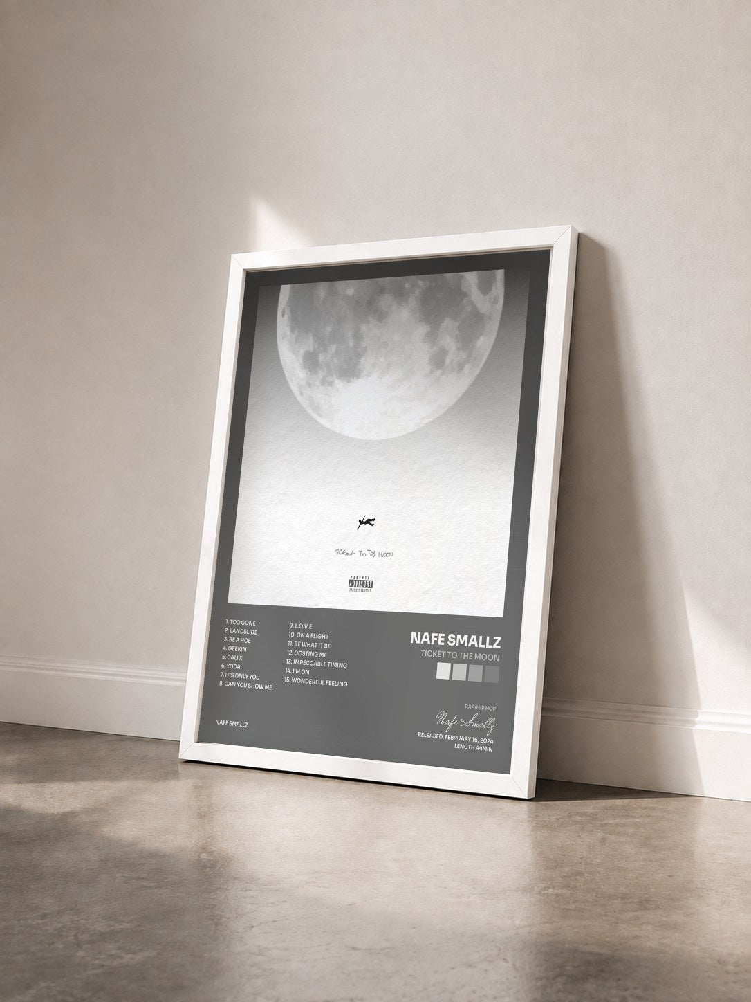 #blanc Tableau de l'album Ticket To The Moon de Nafe Smallz vu de trois quarts, cadre blanc