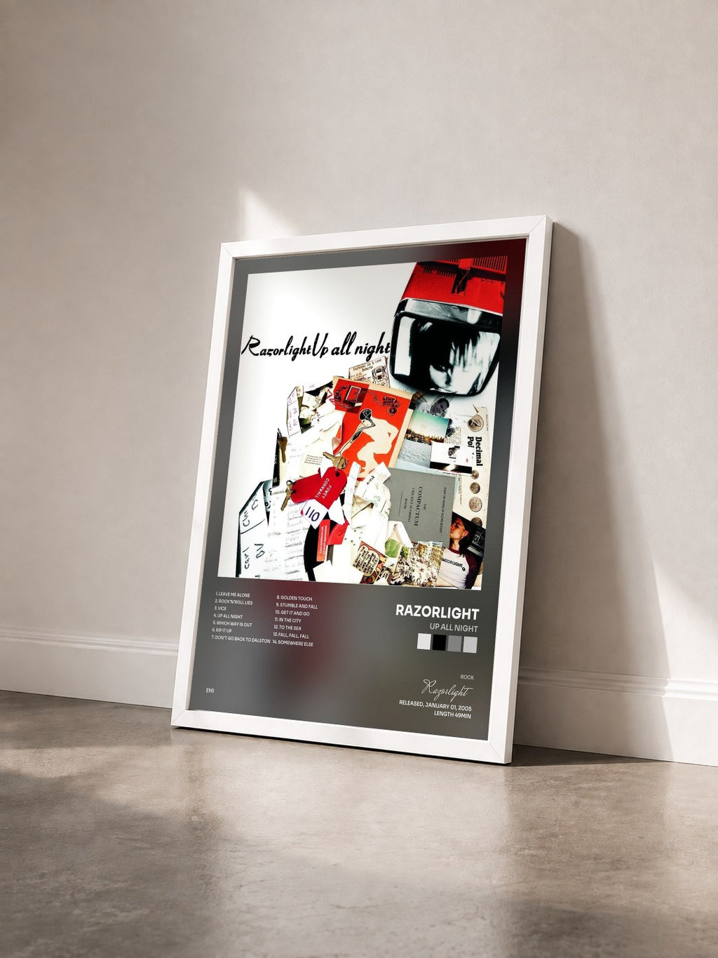 #blanc Tableau de l'album Up All Night de Razorlight vu de trois quarts, cadre blanc