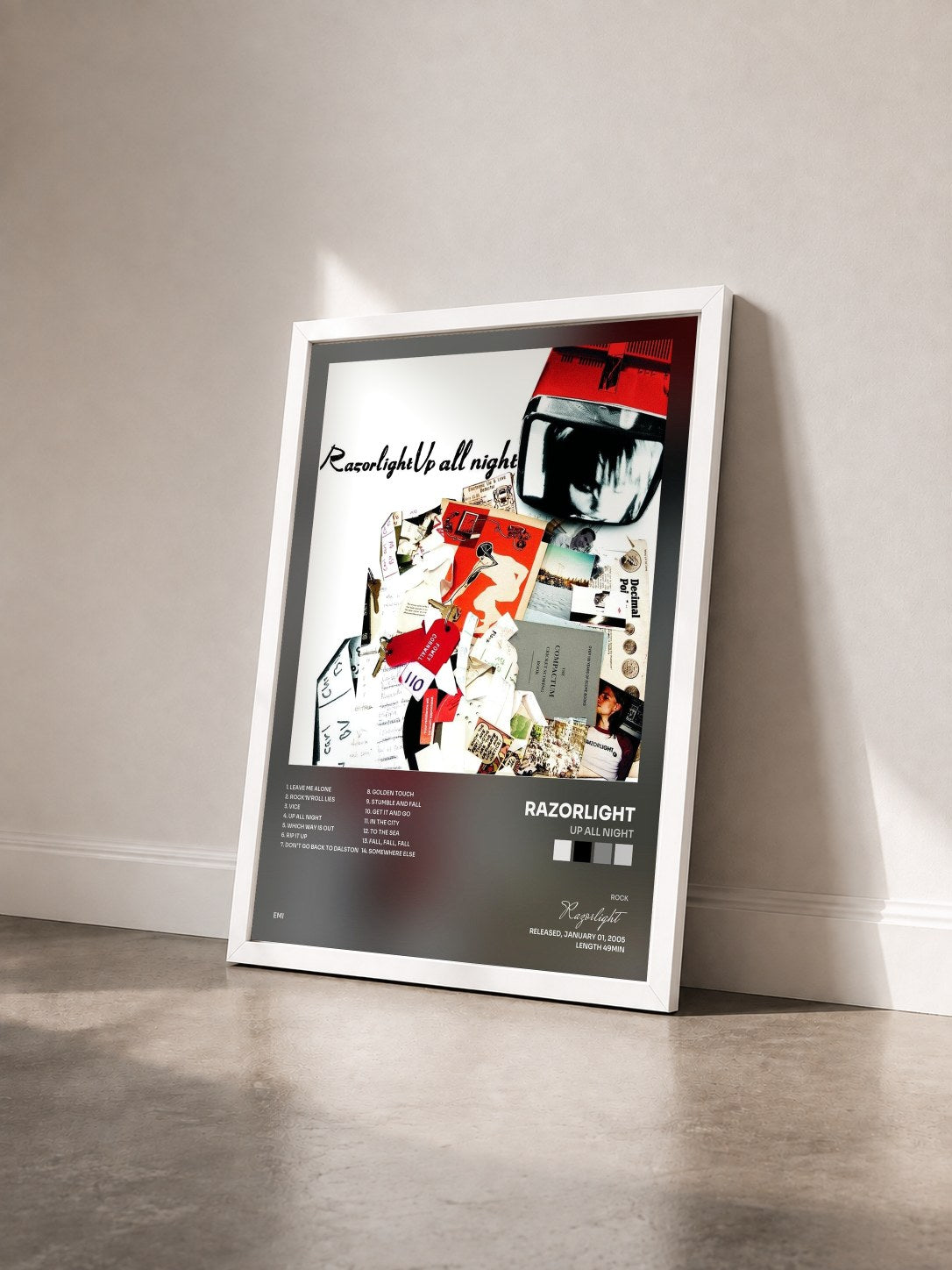 #blanc Tableau de l'album Up All Night de Razorlight vu de trois quarts, cadre blanc