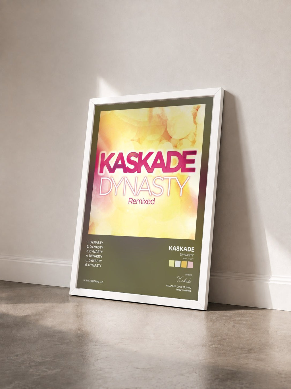 #blanc Tableau de l'album Dynasty (feat. Haley) de Kaskade vu de trois quarts, cadre blanc