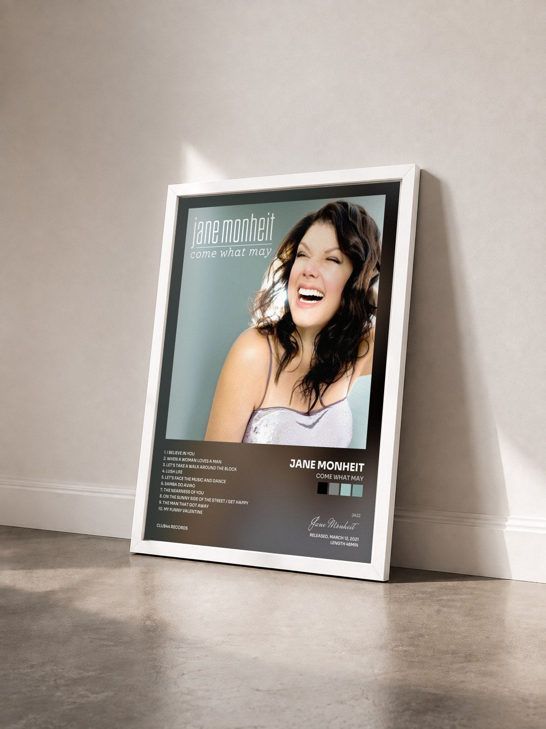 #blanc Tableau de l'album Come What May de Jane Monheit vu de trois quarts, cadre blanc
