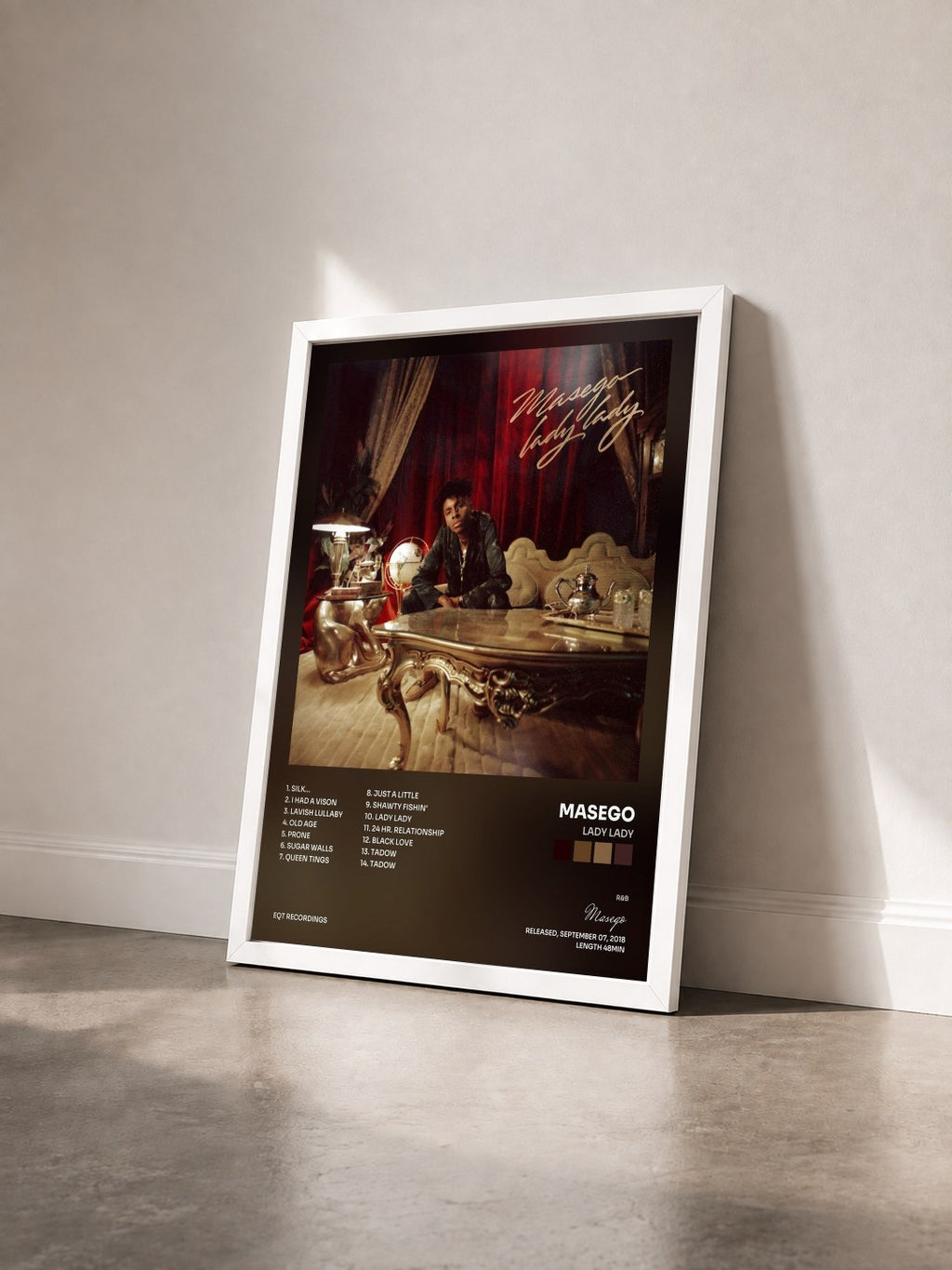 #blanc Tableau de l'album Lady Lady de Masego vu de trois quarts, cadre blanc