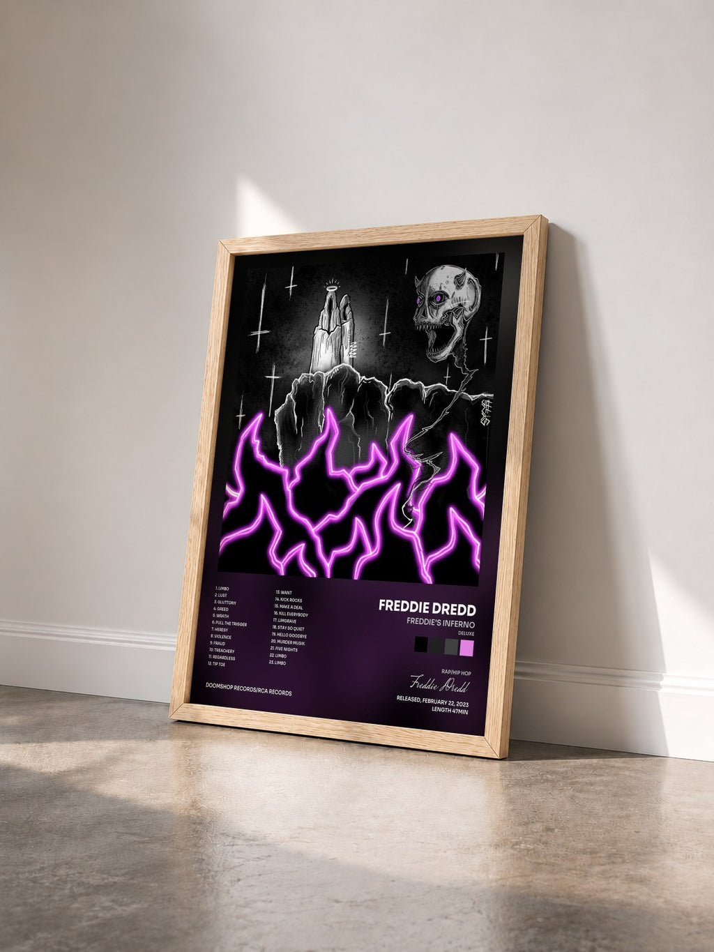 #bois Tableau de l'album Freddie's Inferno (Deluxe) de Freddie Dredd vu de trois quarts, cadre en bois brut