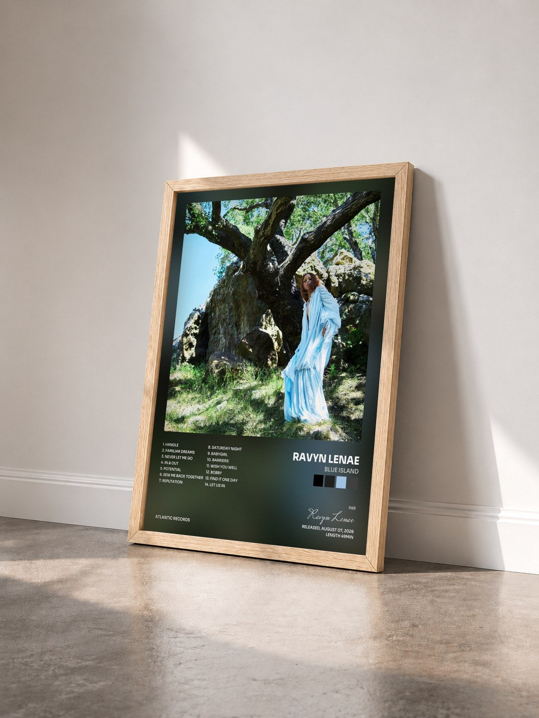 #bois Tableau de l'album Blue Island de Ravyn Lenae vu de trois quarts, cadre en bois brut