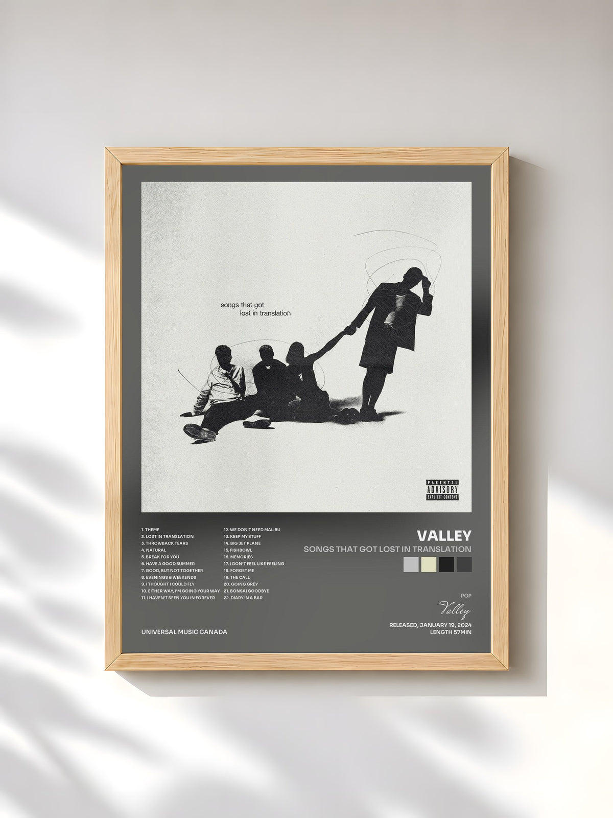 #bois Tableau de l'album songs that got lost in translation de Valley, cadre en bois brut, imprimé et encadré en France