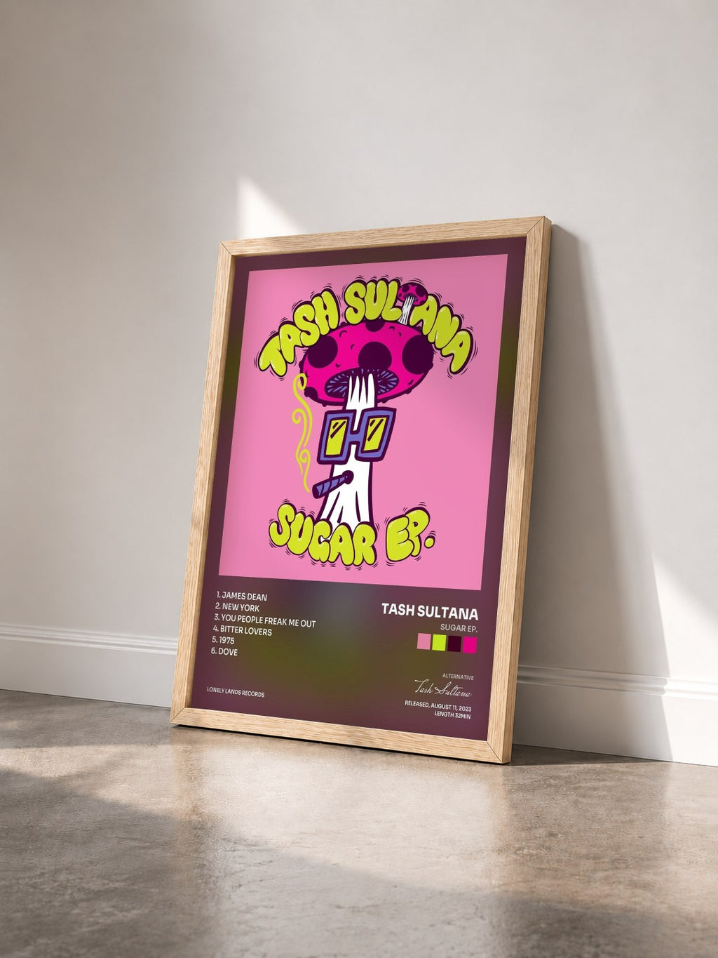#bois Tableau de l'album SUGAR EP. de Tash Sultana vu de trois quarts, cadre en bois brut