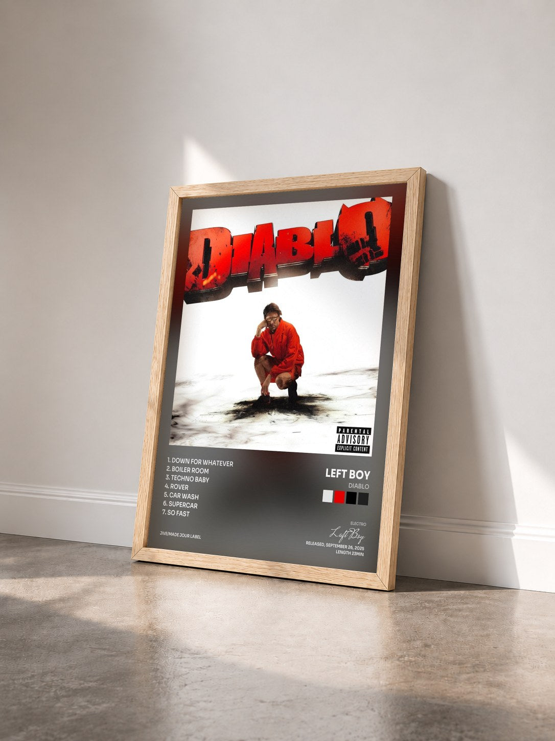 #bois Tableau de l'album DIABLO de Left Boy vu de trois quarts, cadre en bois brut