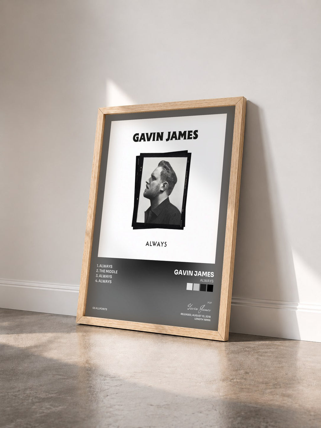 #bois Tableau de l'album Always de Gavin James vu de trois quarts, cadre en bois brut