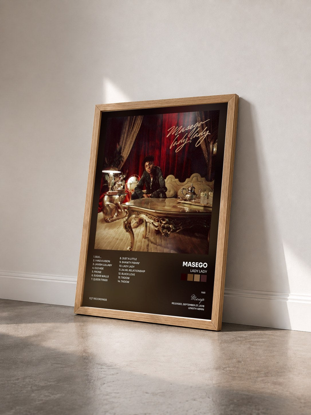 #bois Tableau de l'album Lady Lady de Masego vu de trois quarts, cadre en bois brut